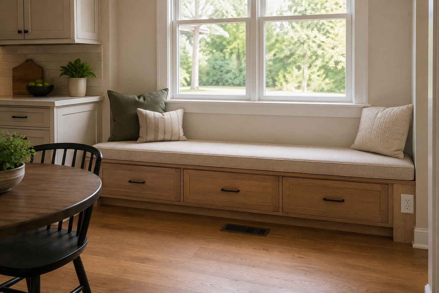 A straight window banquette stays below the sill while an outlet remains reachable and a floor vent stays open in the clear aisle.