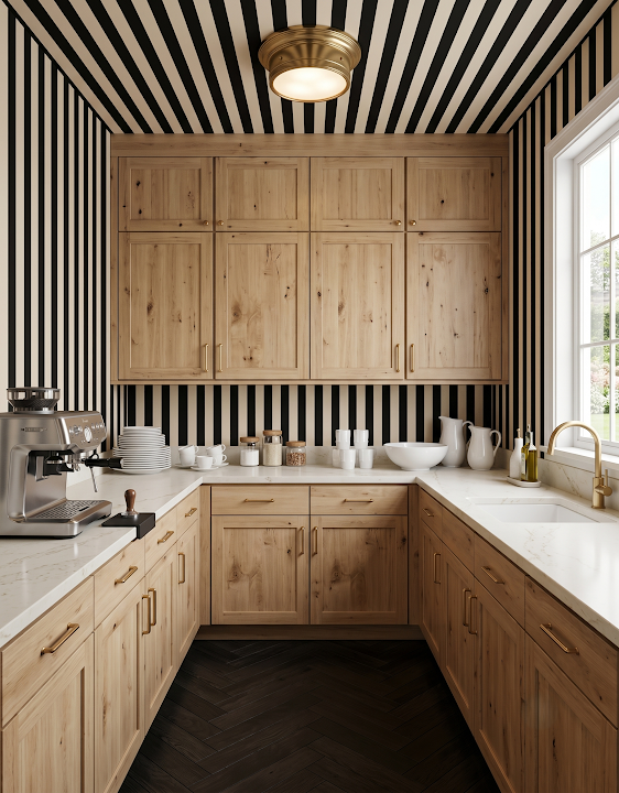 Concept image of a light wood walk-in pantry with a bold black-and-white striped ceiling and backsplash.