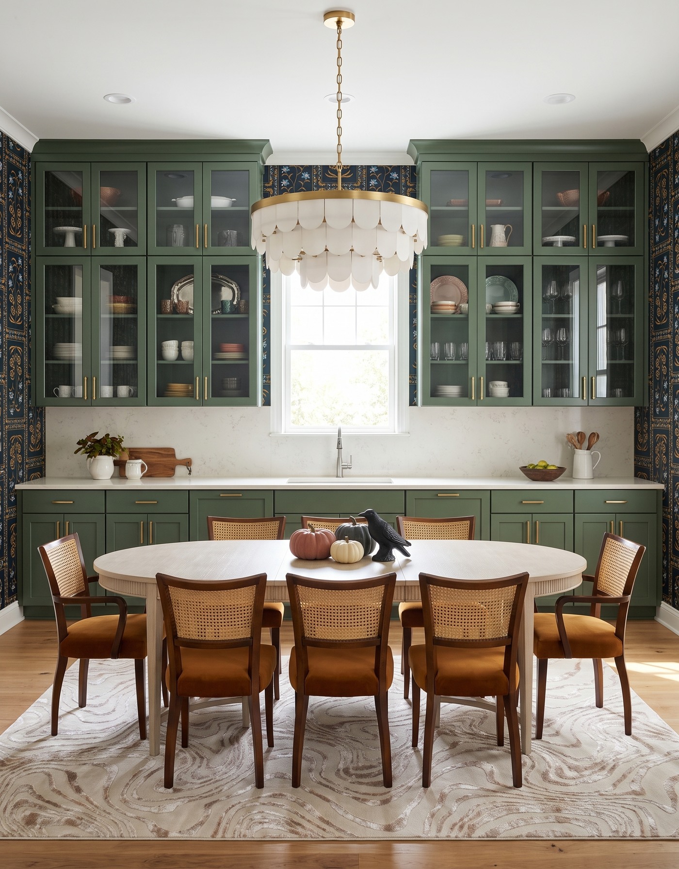 AI-created concept: Moss-green kitchen against dark botanical wallpaper, with cane chairs and a compact pumpkin-and-bird display.