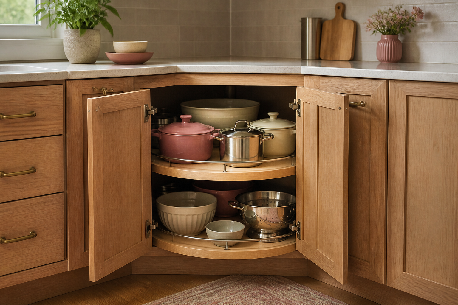 Open diagonal corner cabinet with two rotating wood shelves holding pots and mixing bowls.