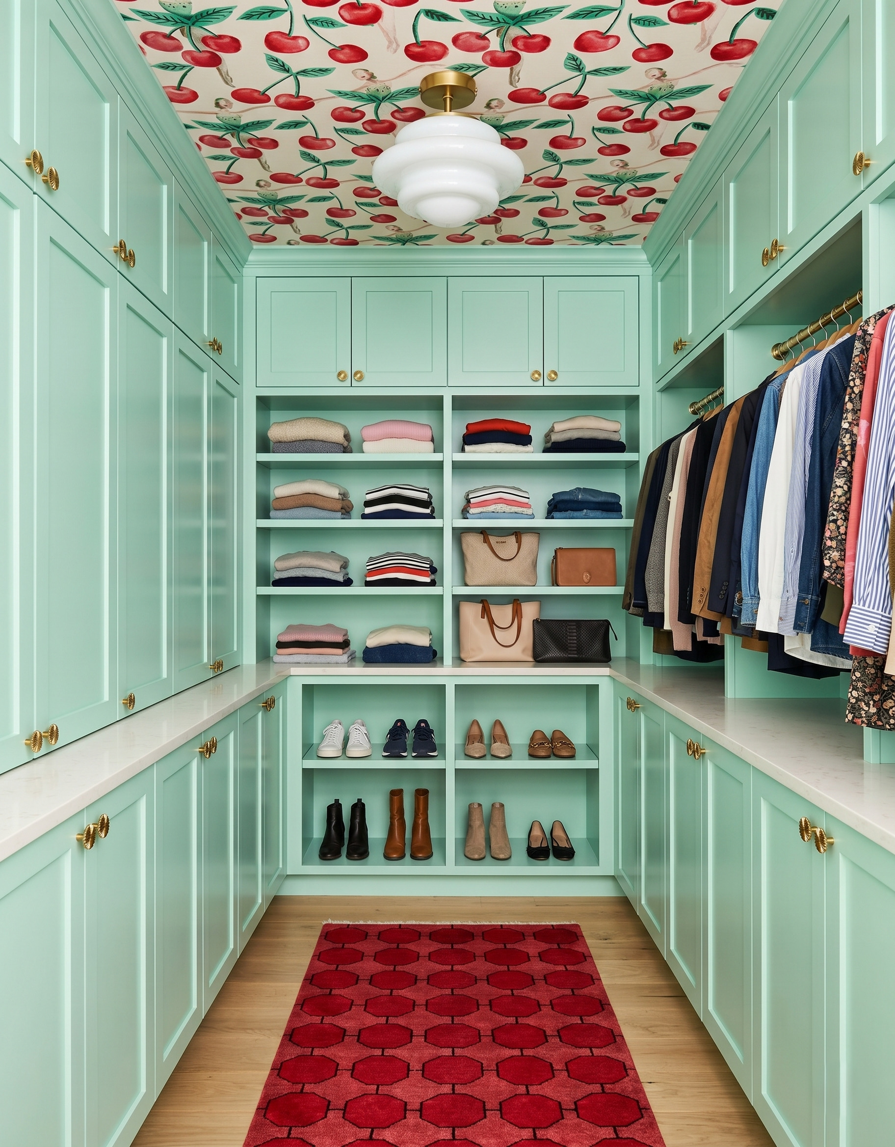 Tiered white glass-look ceiling light in a mint closet with cherry wallpaper, open shelves, closed cabinets and a deep red geometric runner.