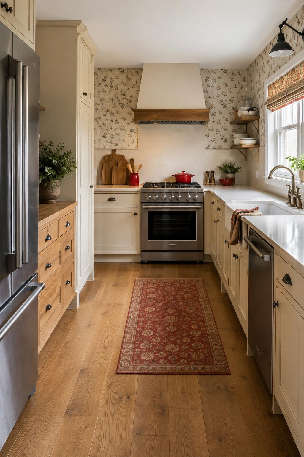 A warm country kitchen with a clear aisle, vented range, separate sink, and landing counter beside the refrigerator.