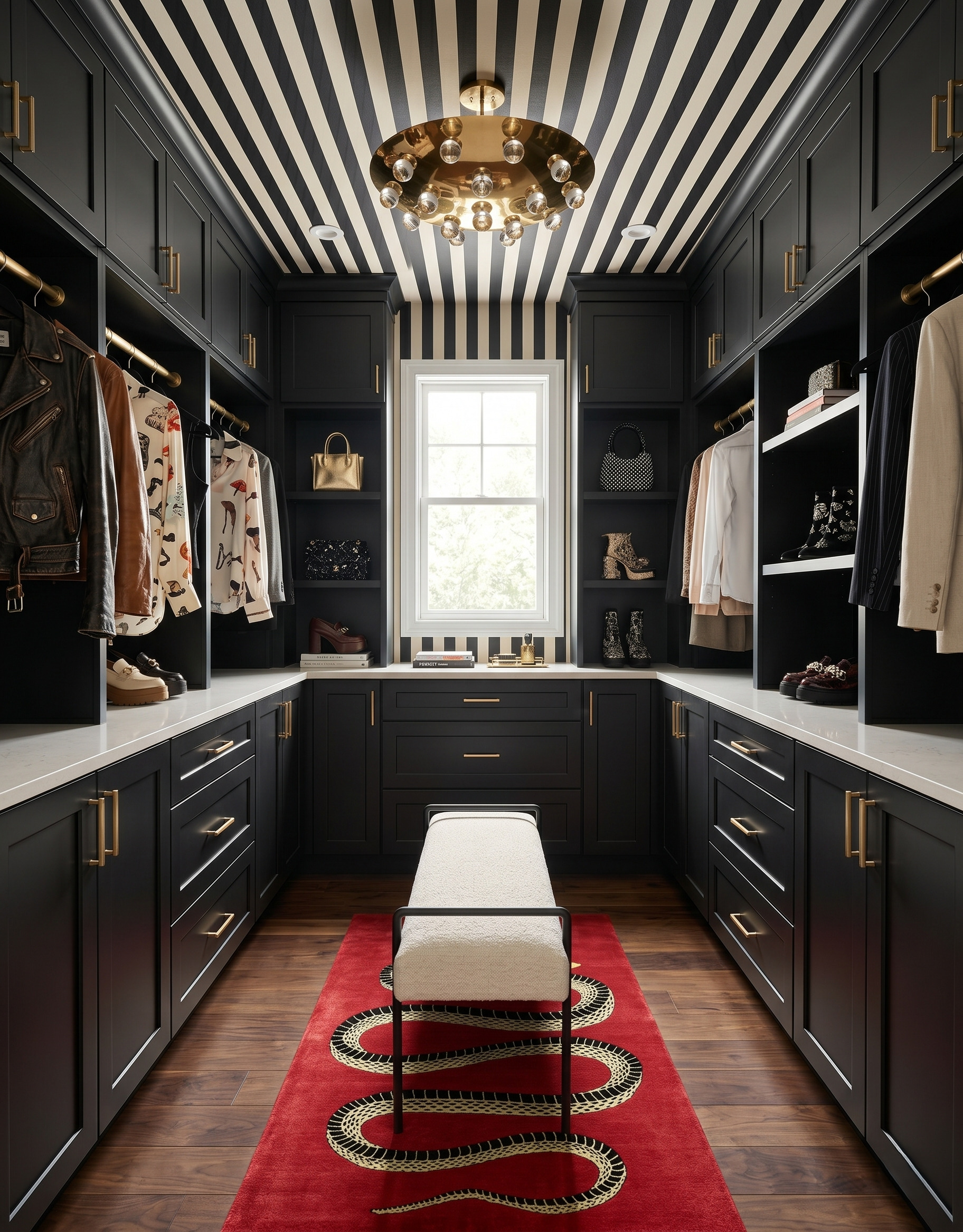 Brass ceiling plate with clear glass spheres above a charcoal closet, black-and-cream striped wallpaper and a cream bench on a red snake-patterned rug.