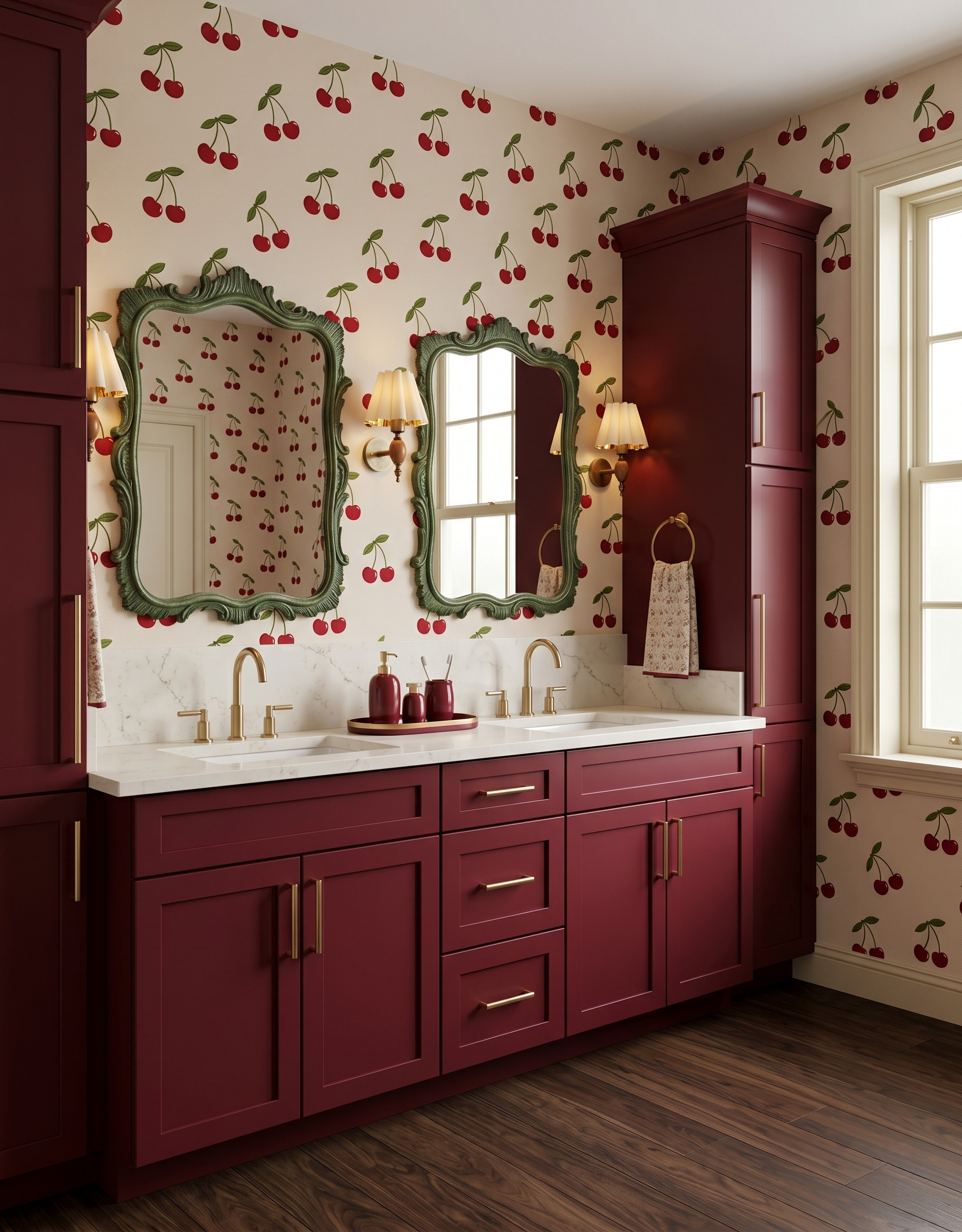 Ornate olive mirror frames above a wine-red double vanity, with cherry wallpaper, pleated sconces and tall cabinets at each side.