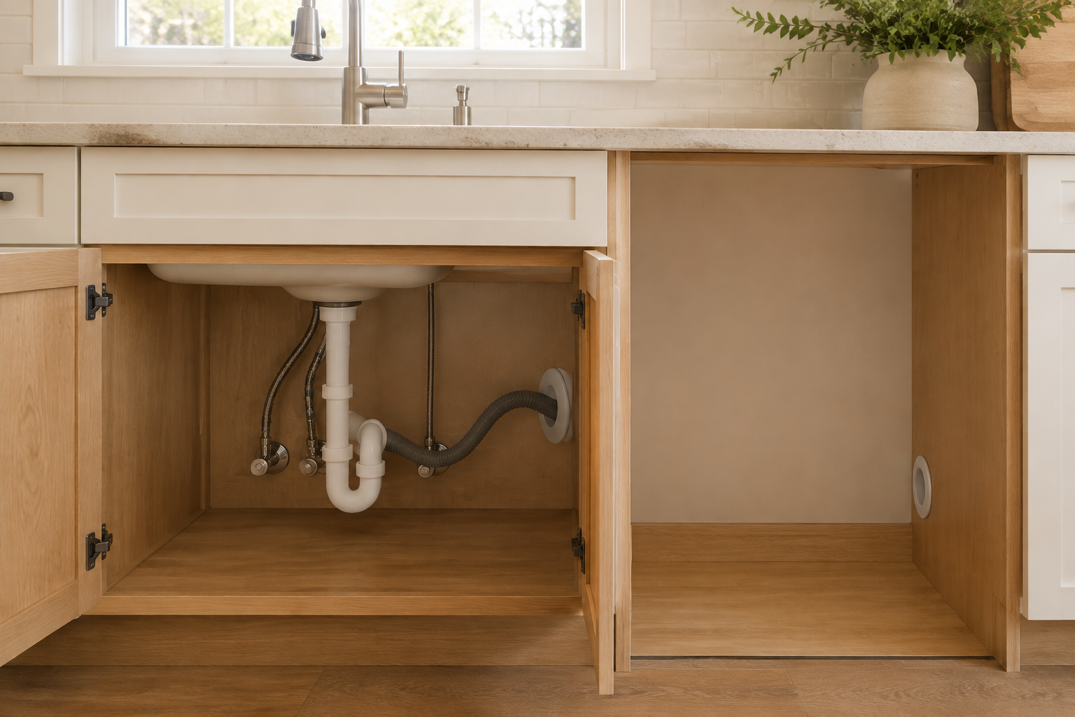 Sink and dishwasher service zone with realistic utility route and support space.