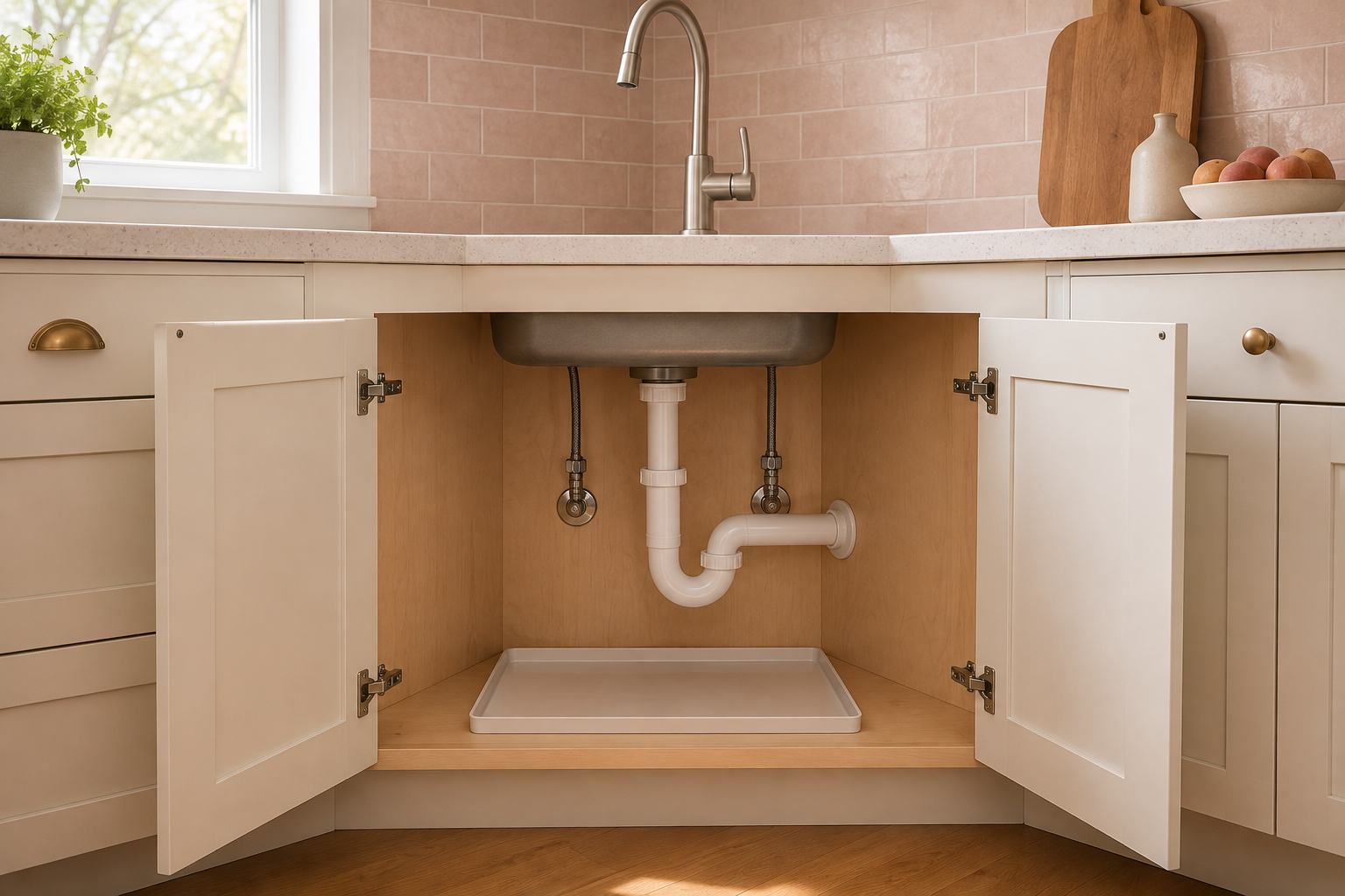 Corner sink base with both doors open to show accessible plumbing, a leak tray, and modest cleaning storage.