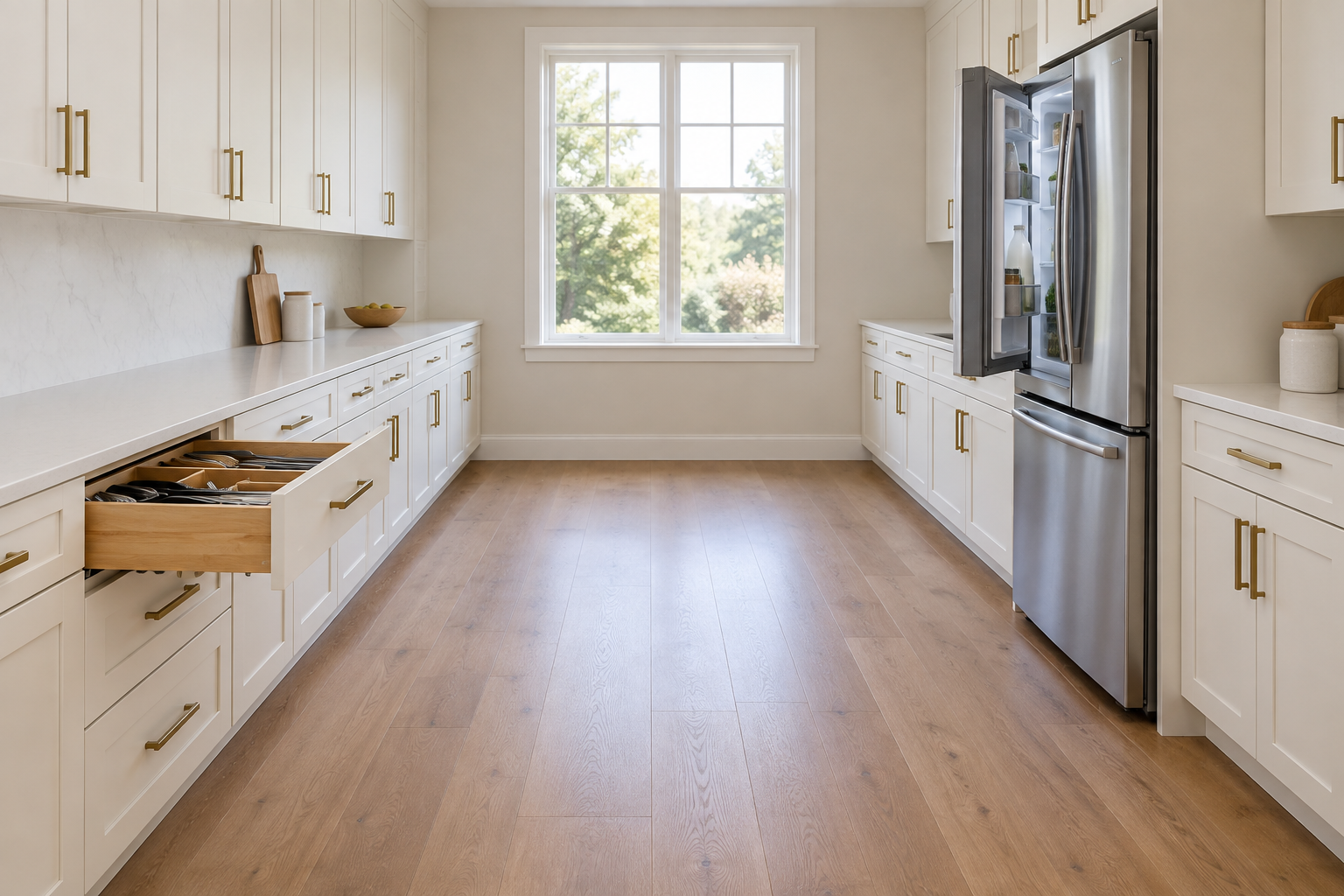 Generated kitchen concept: wide galley aisle between an open cutlery drawer in dry cabinetry and one open refrigerator door.