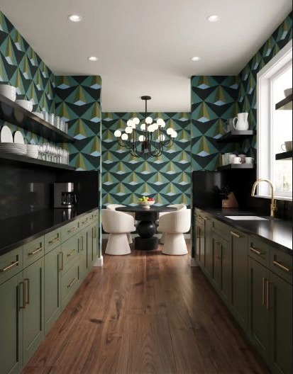 Deep green cabinets paired with dark stone for a grounded kitchen palette.