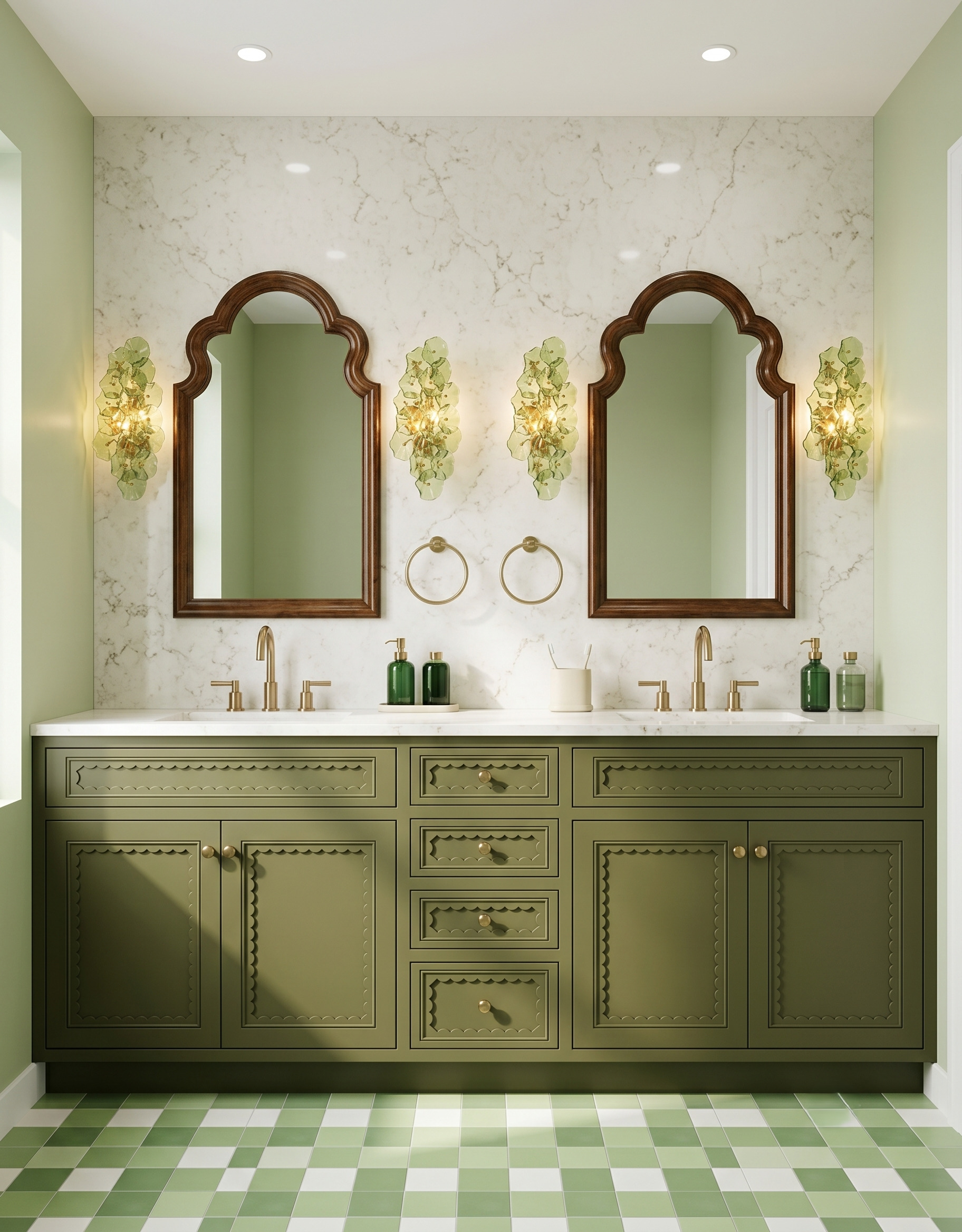 Olive double vanity with scalloped panel details, curved wood mirrors, green glass sconces and a green-and-white checked floor.