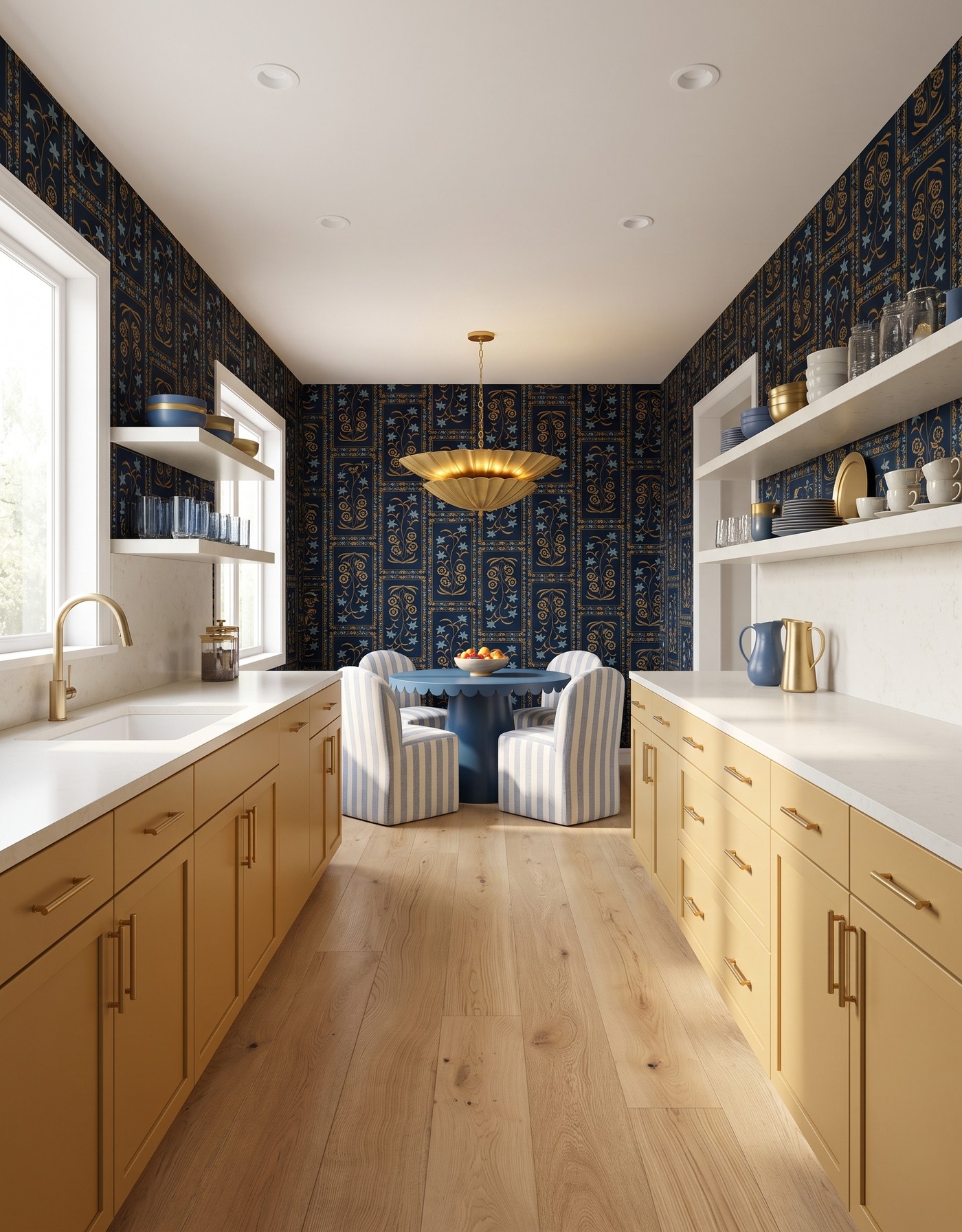 AI-created concept: Golden galley cabinets with dark botanical wallpaper, a round blue scalloped table and striped blue-and-cream chairs.