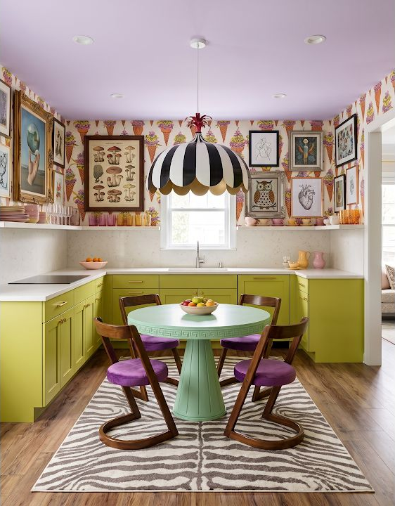 Practical kitchen lighting scene with strong color separation and clear work-counters under warm task light.