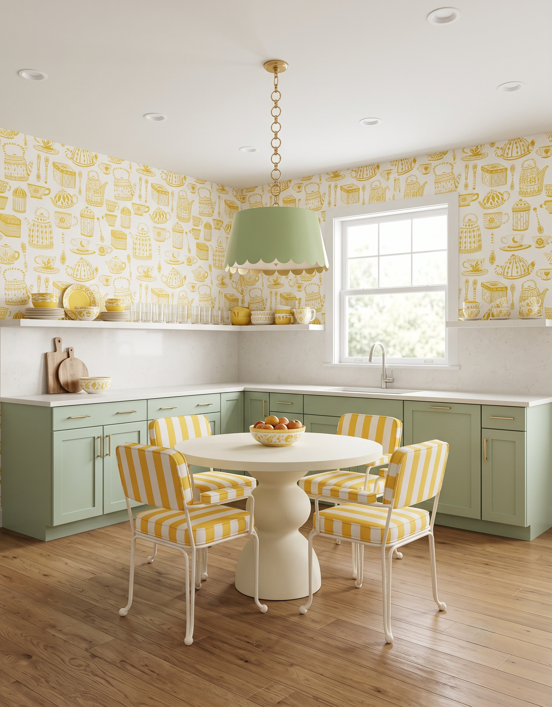 Pale sage kitchen with yellow kitchenware wallpaper, a sage scalloped pendant, white round table and yellow-and-white striped dining chairs.