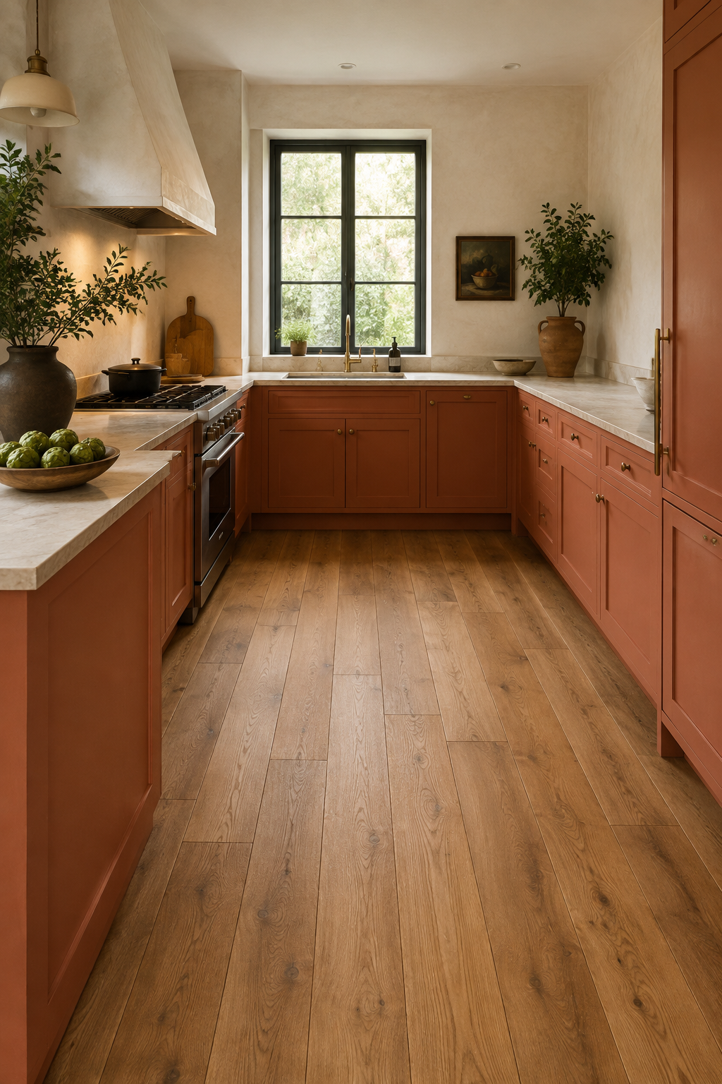 Concept image of a terracotta U-shaped kitchen with pale plaster walls, a continuous medium-light oak floor, and an open center work aisle.