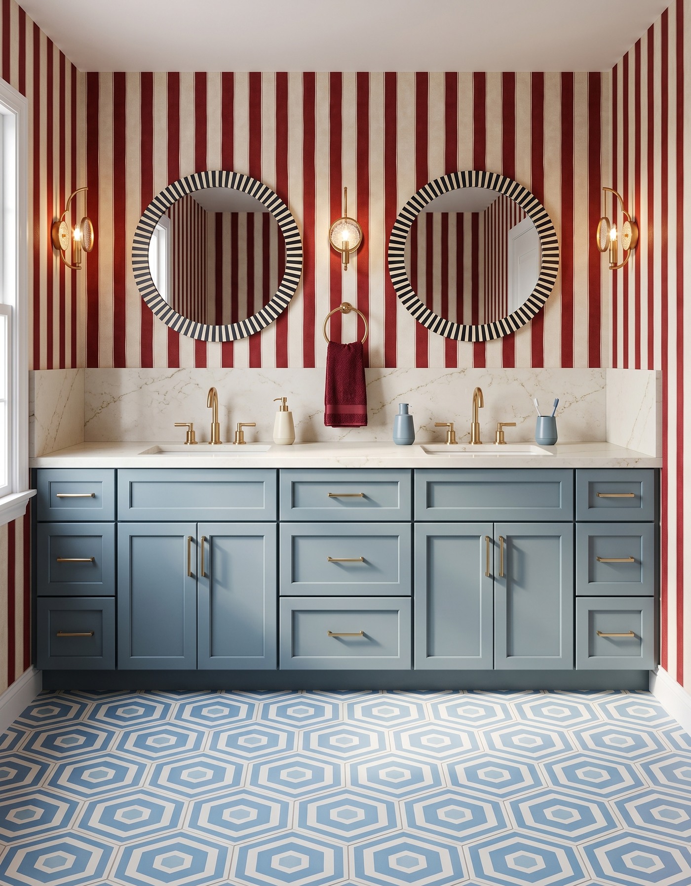 AI-created concept: Smoky-blue vanity cabinets balance red-striped wallpaper, blue hexagon tile and round striped mirrors.