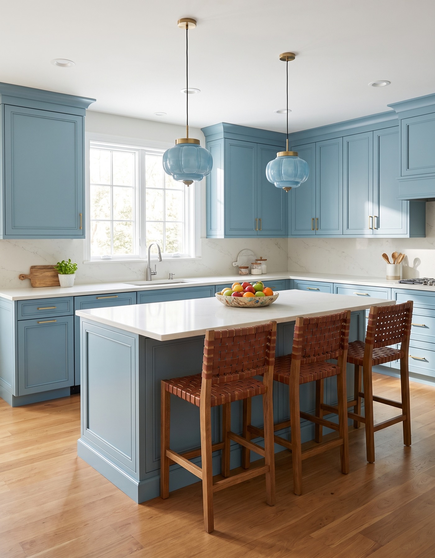 AI-created concept: Honey-toned wood flooring beside aqua kitchen cabinets, a pale island counter and woven leather-look stools.
