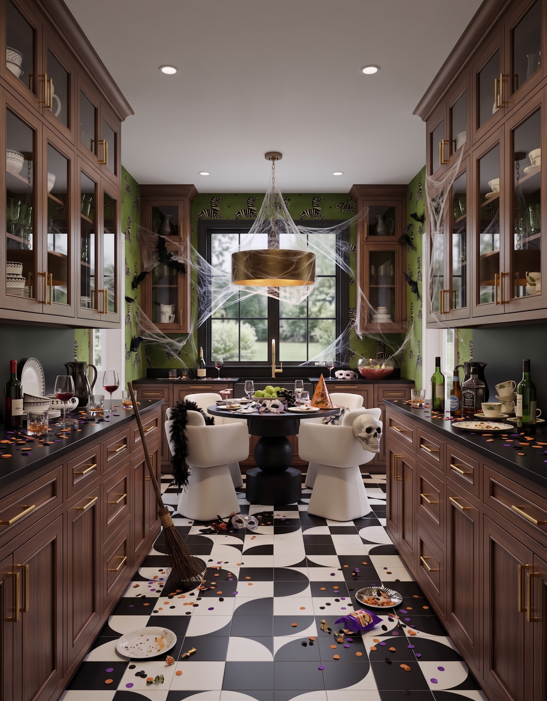 Wood galley kitchen with green zebra wallpaper, black-and-white geometric flooring, white dining chairs and Halloween masks and bats.