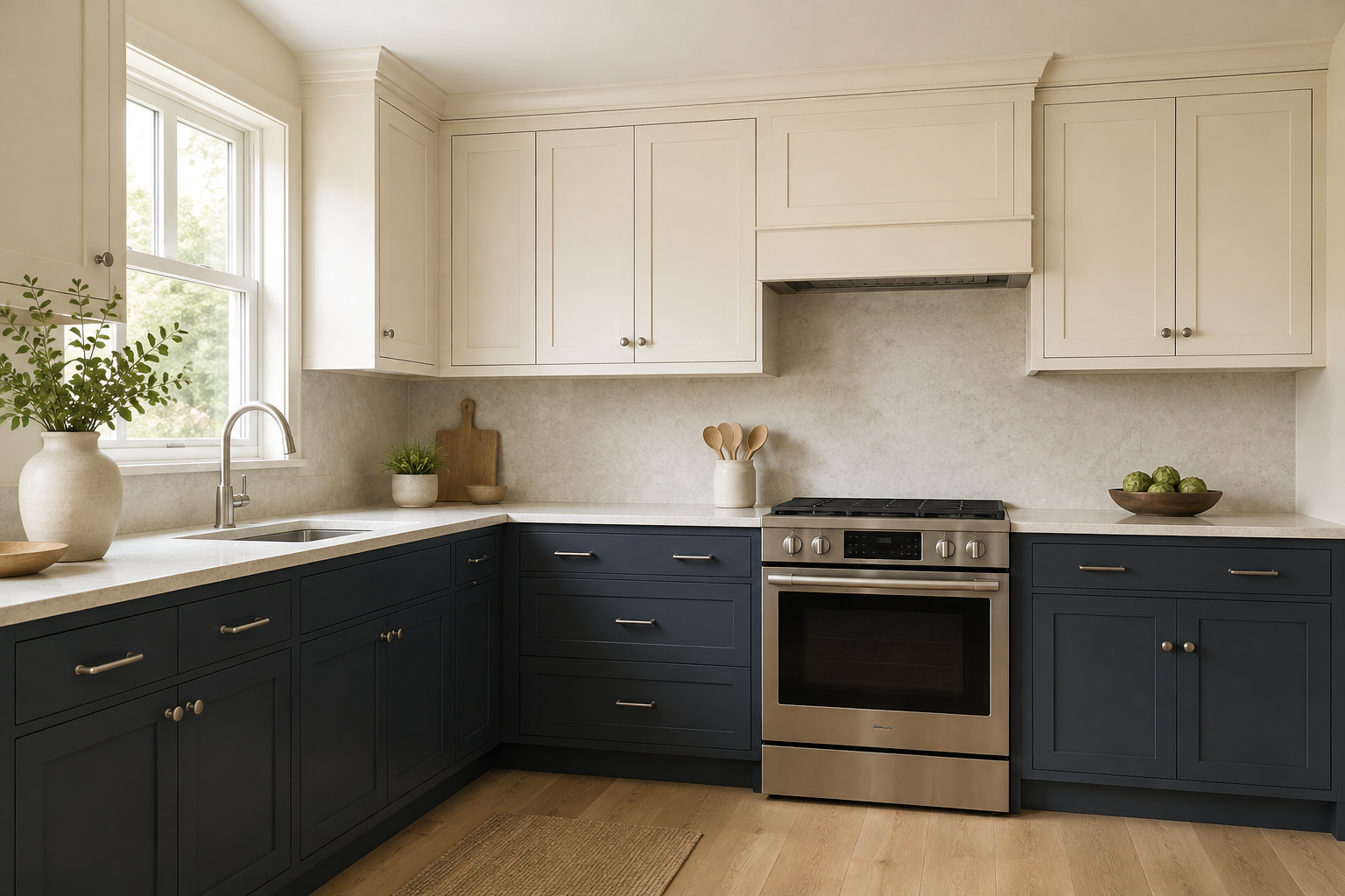 Compact kitchen with deep blue-gray lower cabinets and warm cream upper cabinets in a clear horizontal split.
