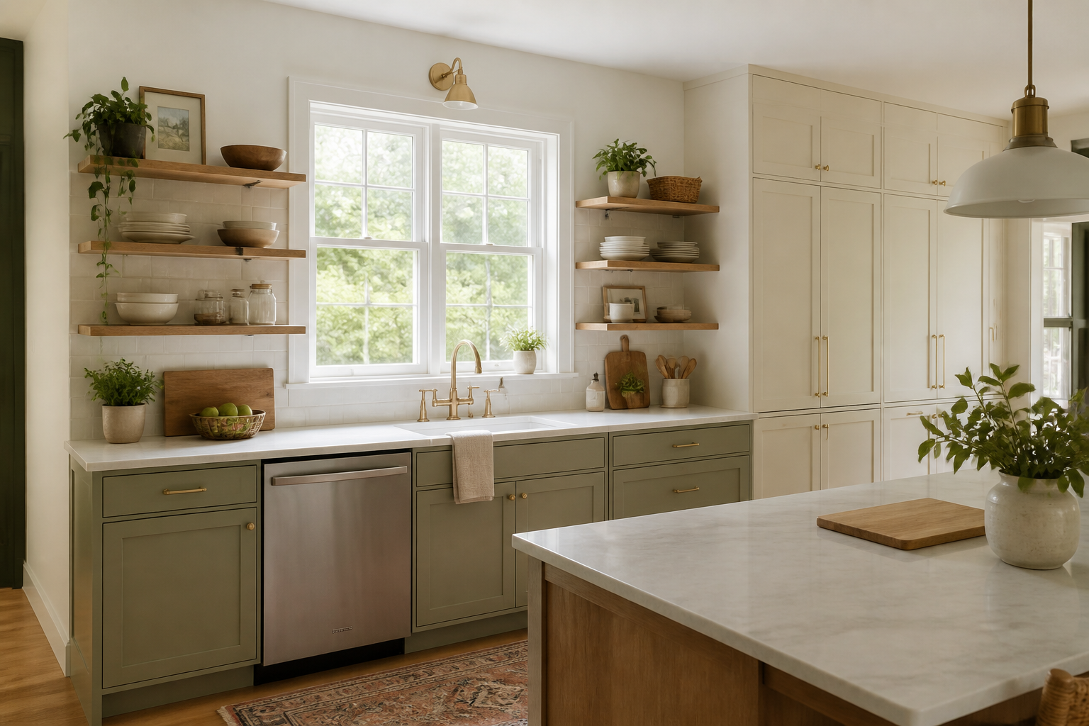 Open oak shelves flanking a bright kitchen window with full upper storage moved to a solid side wall.