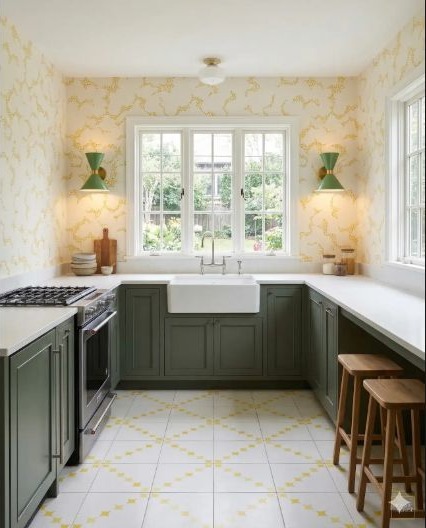 Green kitchen cabinets warmed by cheerful yellow patterned wallpaper.