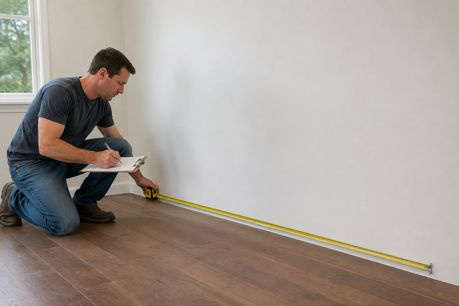 Homeowner measuring a straight empty kitchen wall with a metal tape while recording the check on a clipboard.