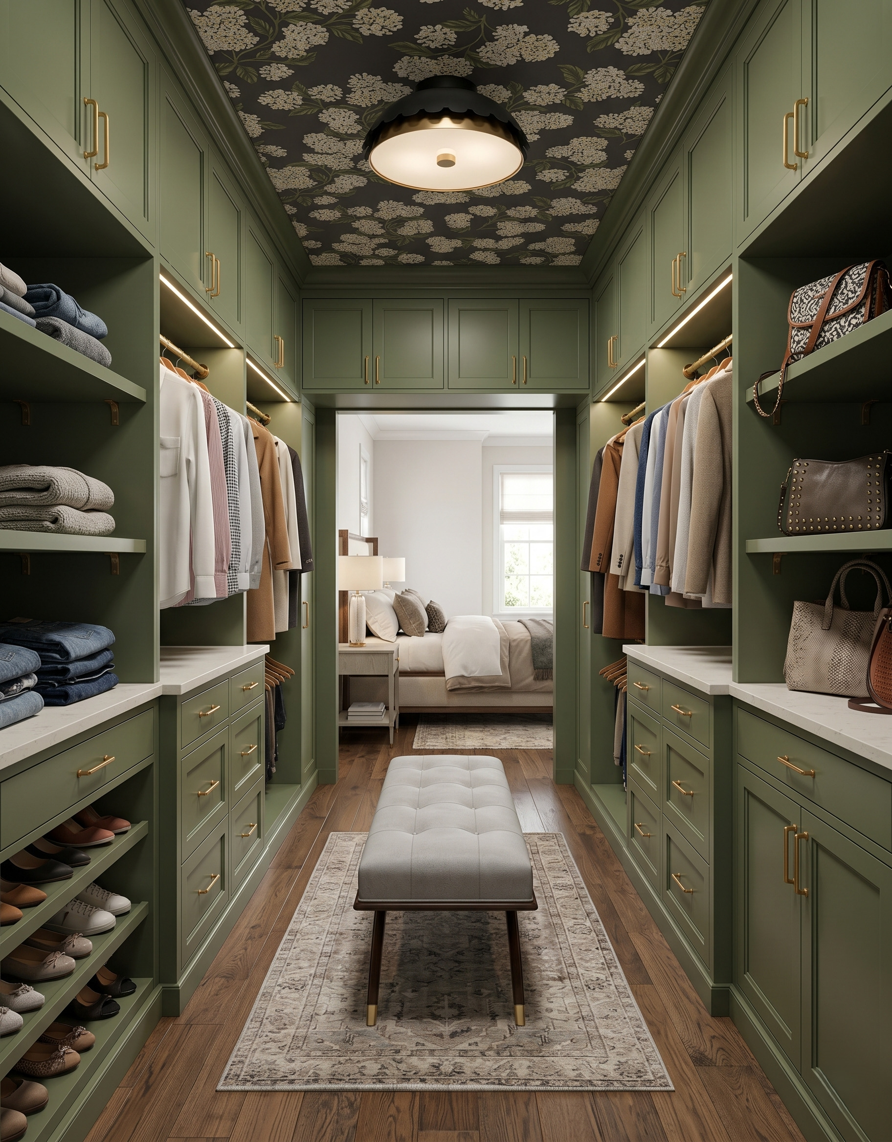 Black scalloped semi-flush light with a pale diffuser in an olive closet passage with floral wallpaper, illuminated hanging bays and a gray tufted bench.