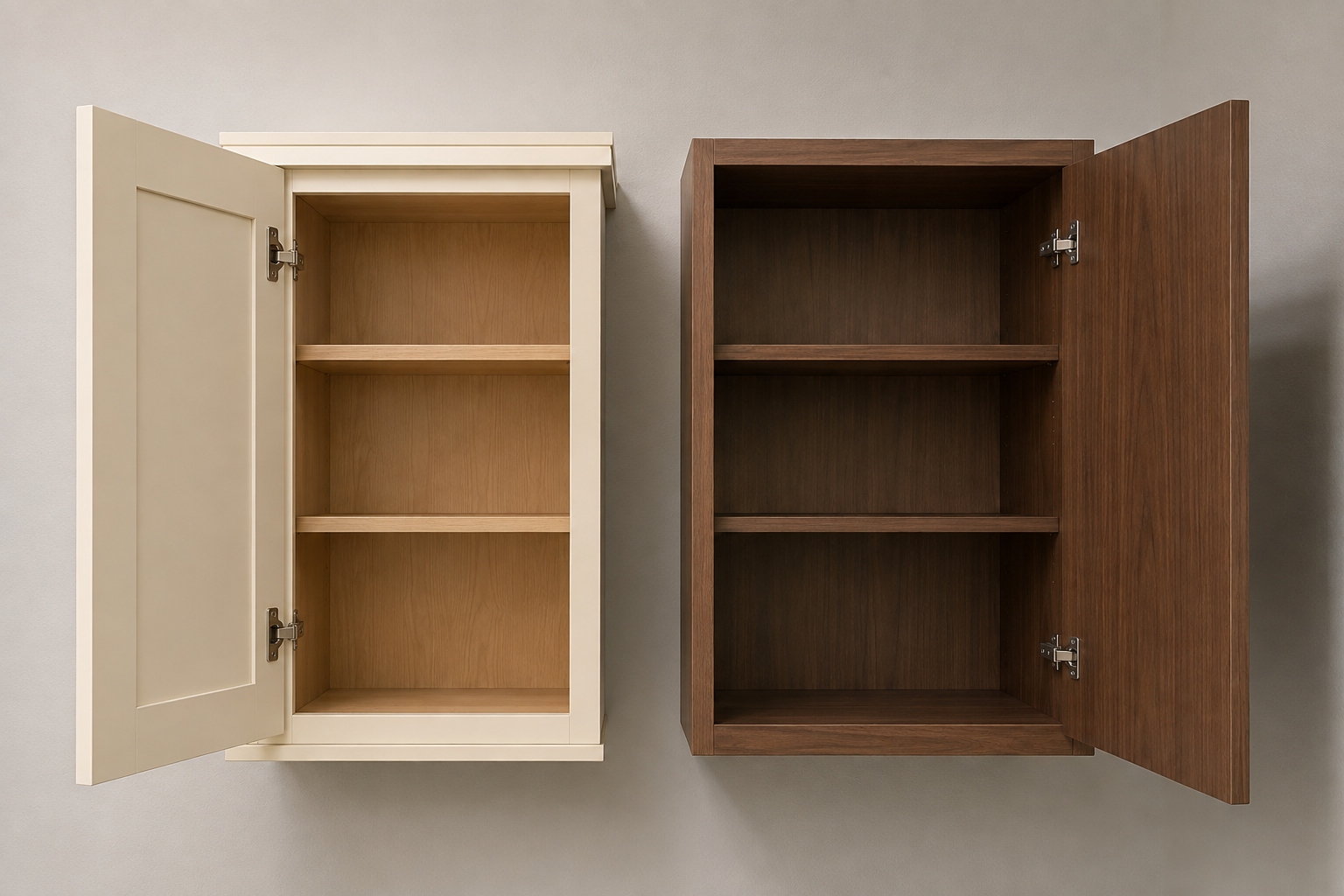 Two complete open cabinet samples show an inset door and a full-overlay door attached with functional concealed hinges.