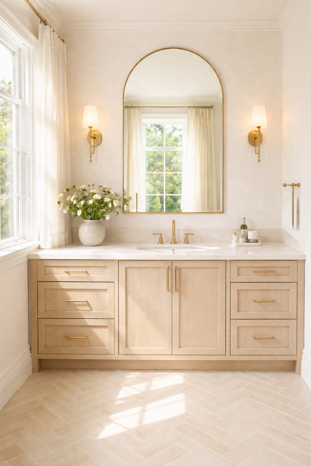 Single pale wood vanity below a tall arched gold mirror and two small shaded sconces, with a cream herringbone floor and a window.