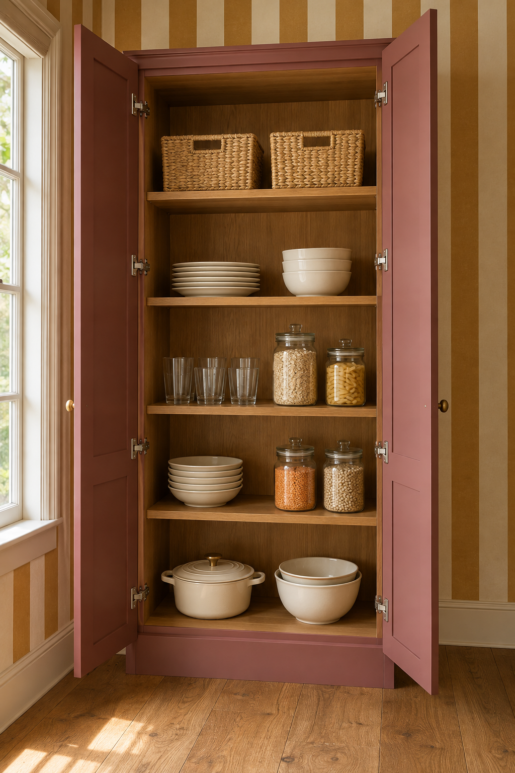 Generated raspberry pantry concept with attached open doors and oak shelves holding grouped dishes, plain food jars and baskets at different heights.