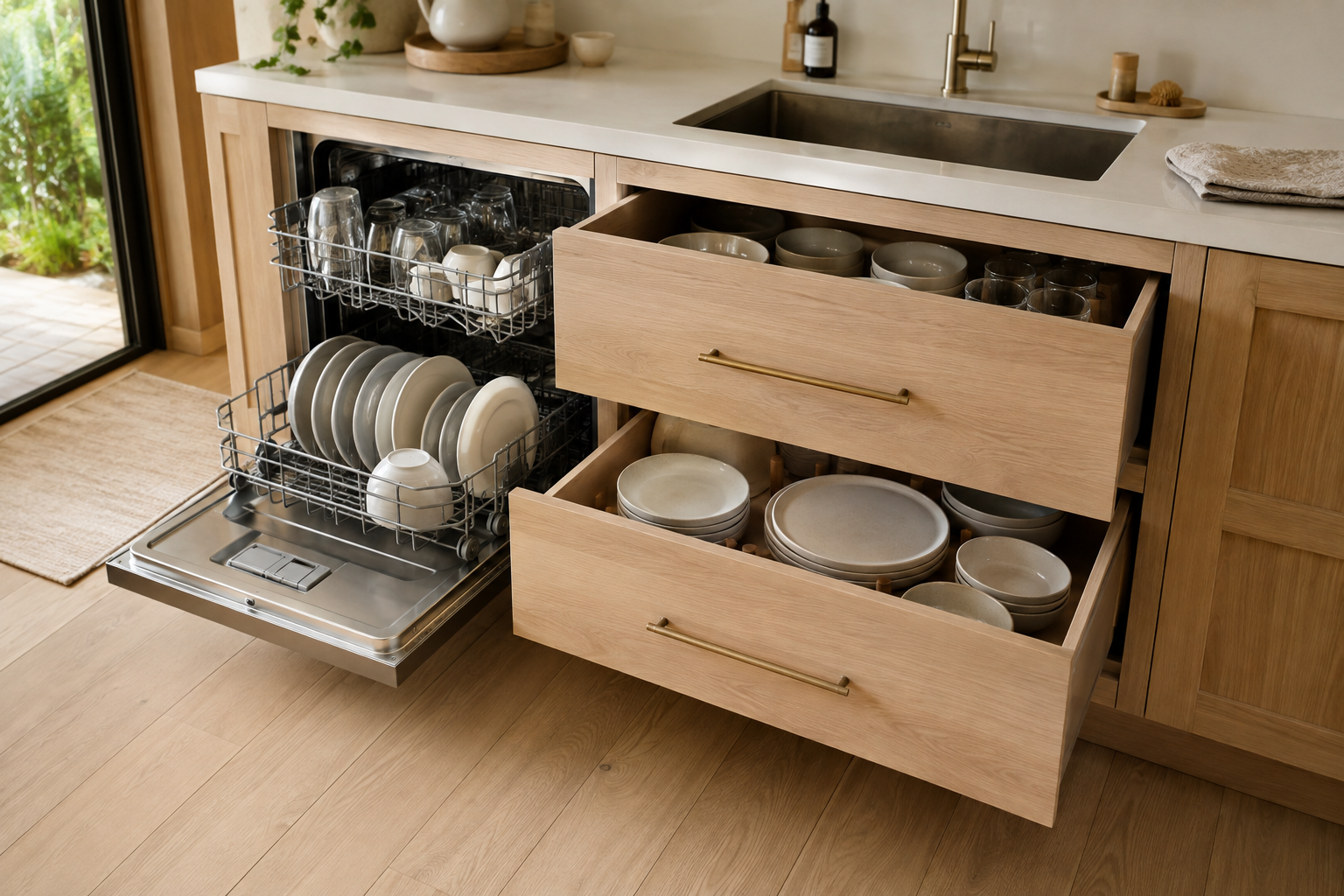 Dishwasher placement area with clear opening width and loading circulation.