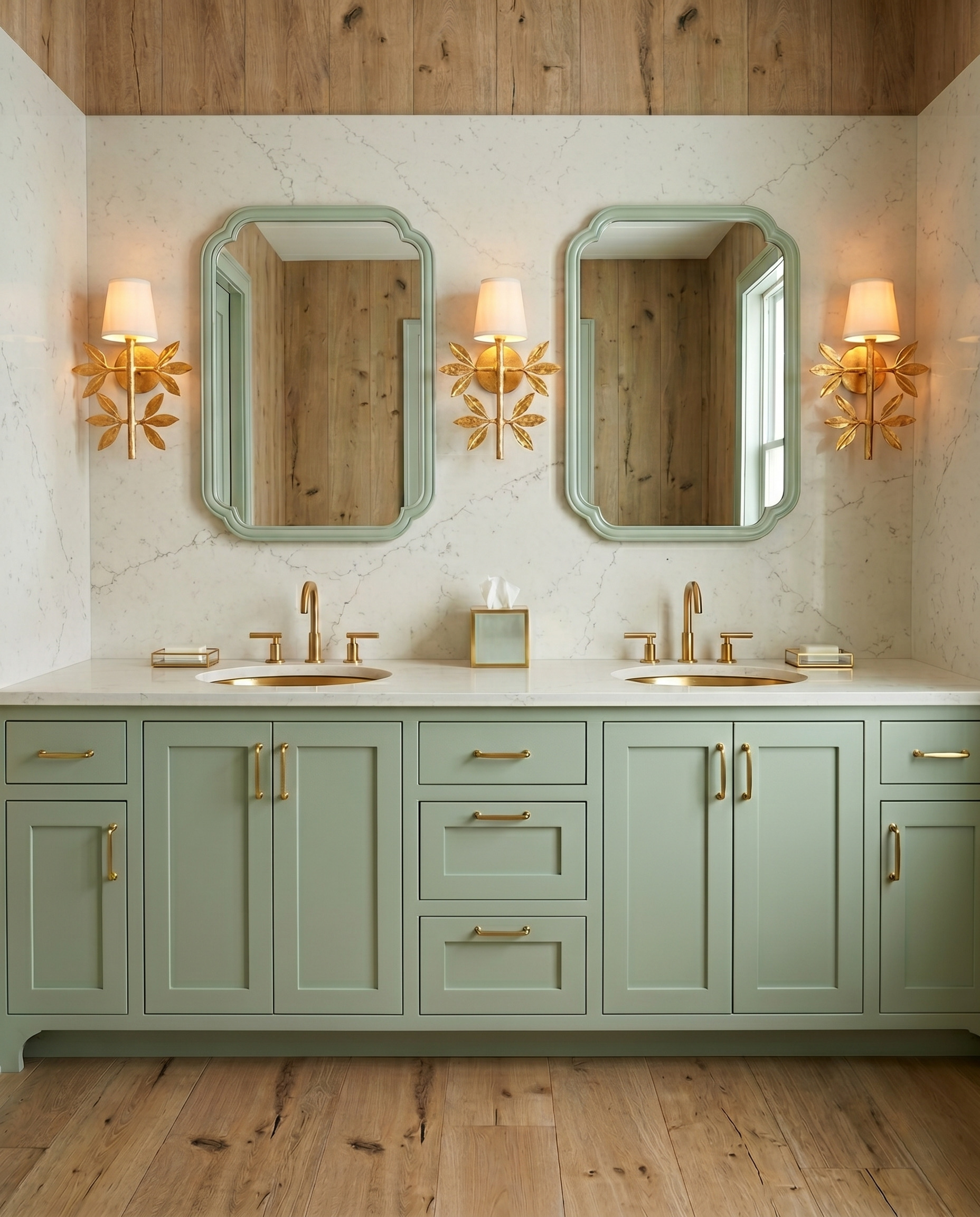 Pale sage double vanity and matching shaped mirrors beneath gold leaf sconces, pale veined walls and an upper band of wood.