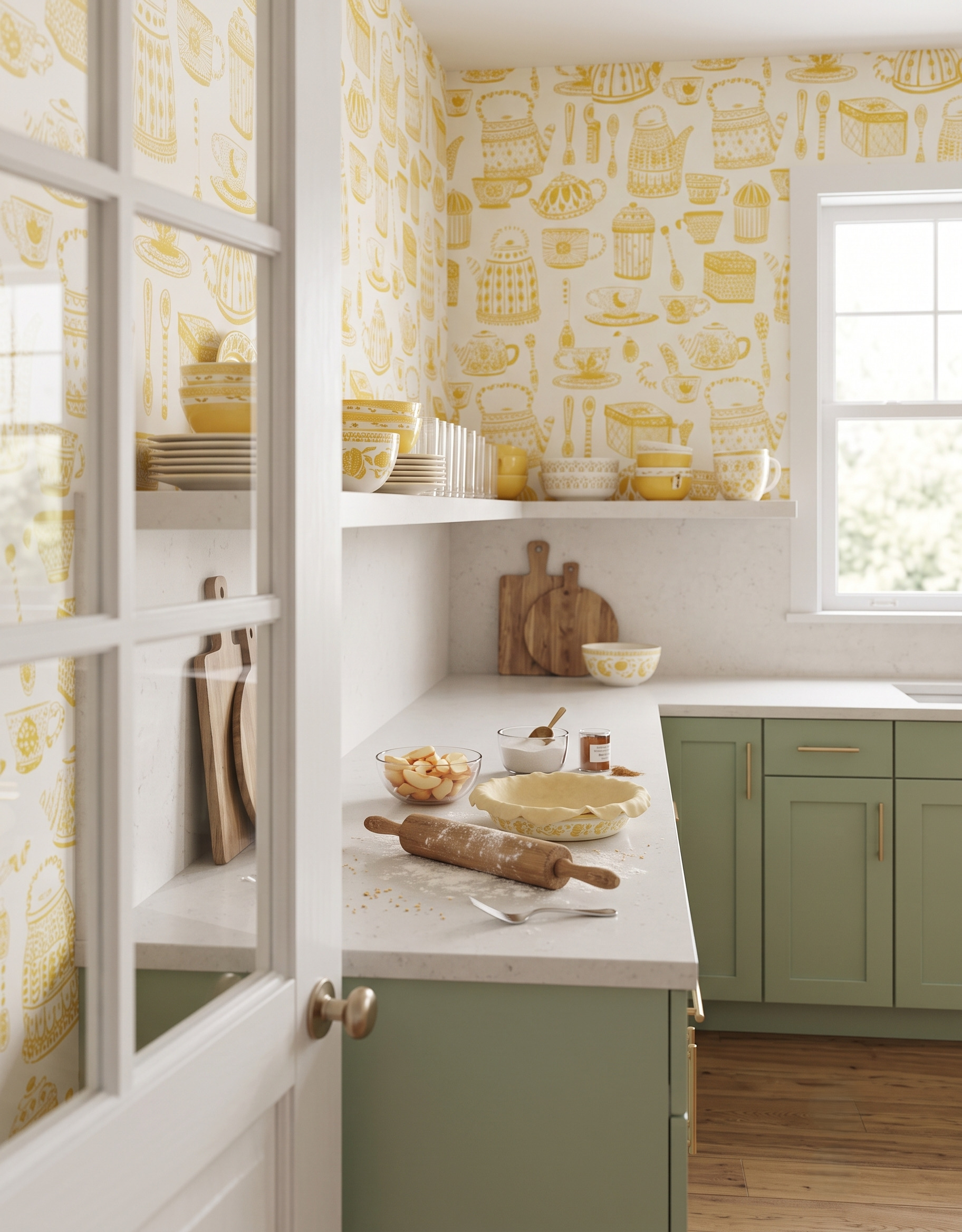 Sage kitchen base cabinets below pale counters and yellow-and-white crockery-patterned wallpaper, with a wood rolling pin and pie preparation on the counter.
