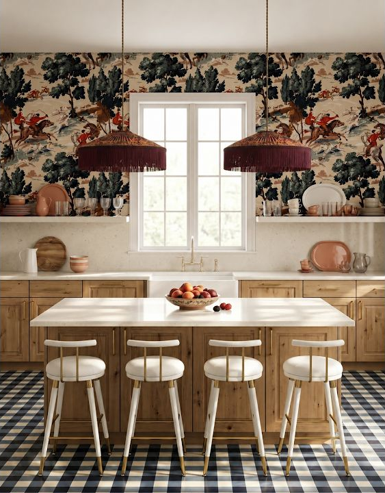 Concept image of a bright wood kitchen with a black-and-cream checkerboard floor, scenic wallpaper, and burgundy pendant shades.