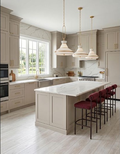 Warm beige kitchen surfaces paired with a concentrated berry-colored accent.