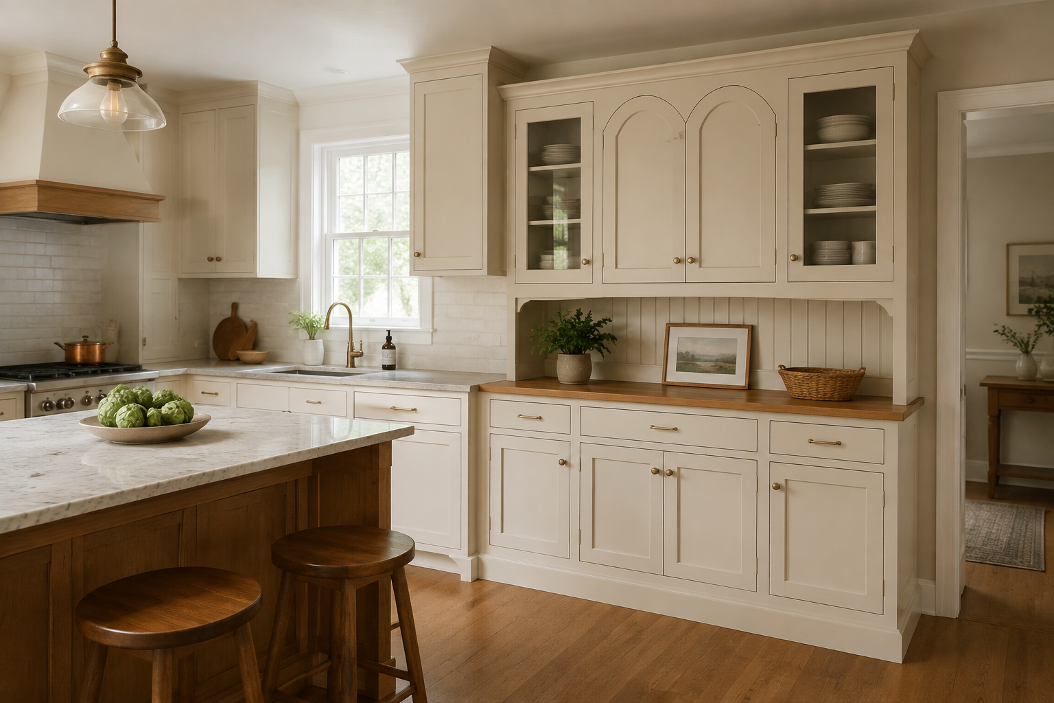 Warm ivory hutch-style kitchen cabinet with restrained arched doors beside simpler surrounding cabinetry.