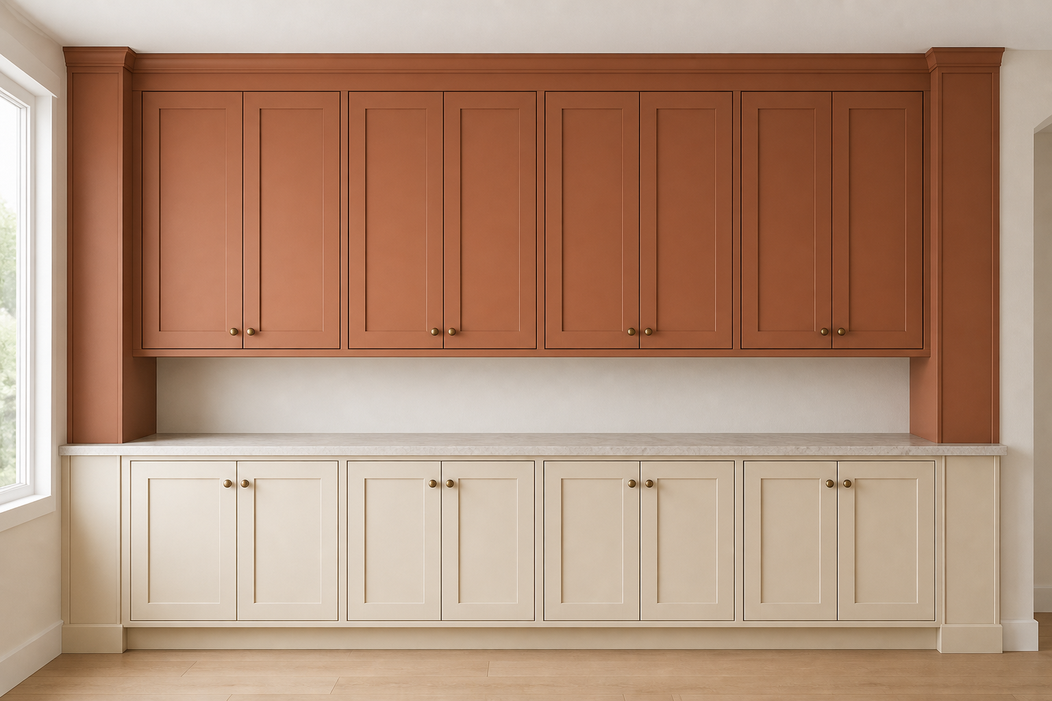 Full terracotta and cream cabinet elevation with aligned doors, consistent crown, counters, and base cabinetry.