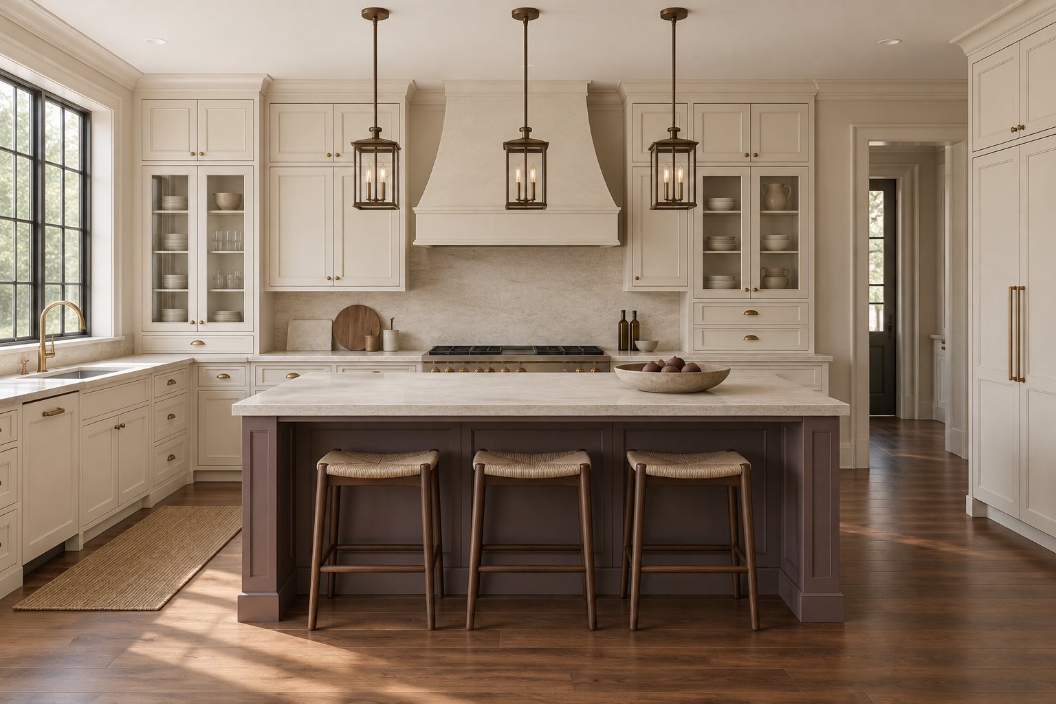 Cream kitchen with a smoky plum island, three woven-seat stools and three dark bronze clear-glass lantern pendants.