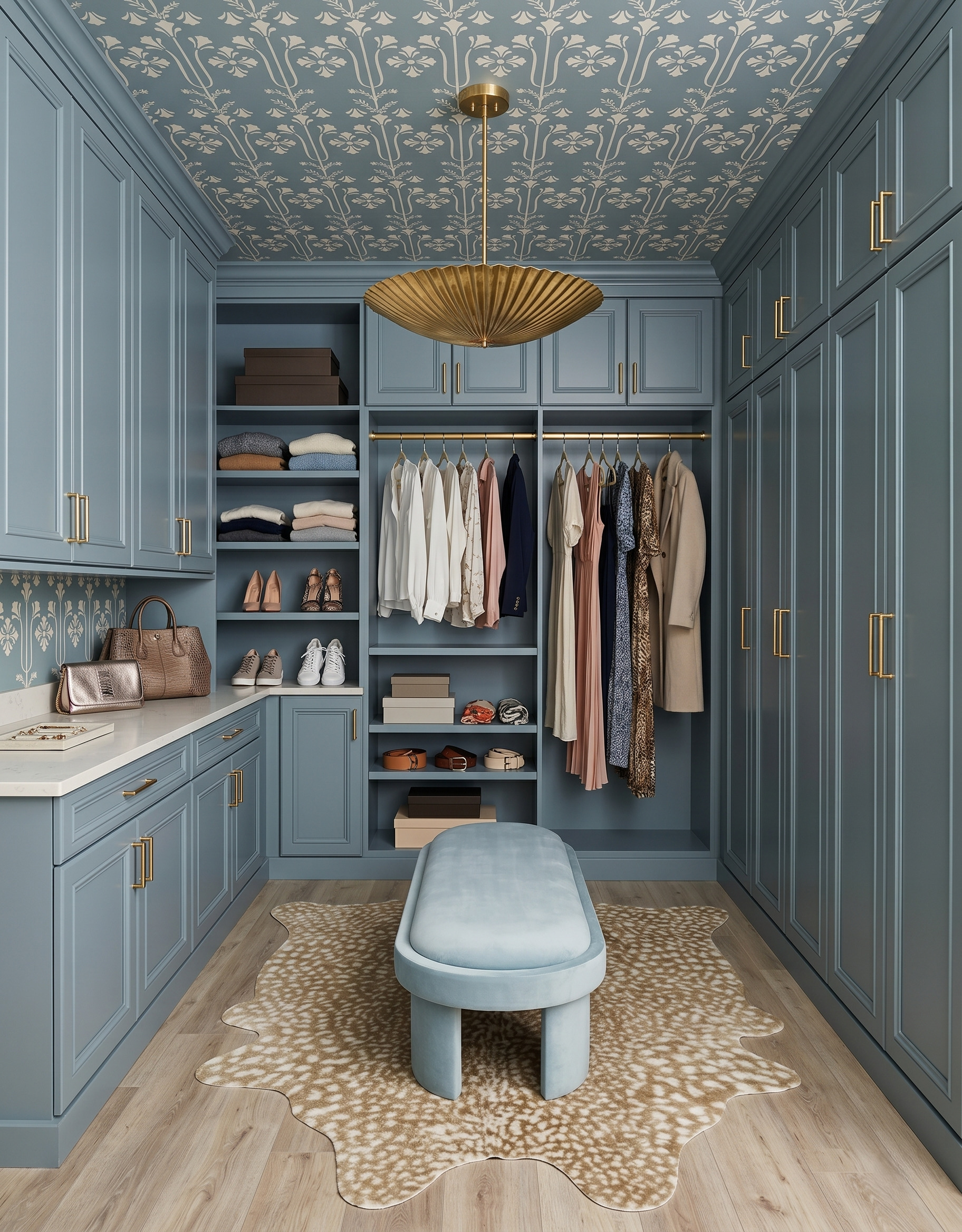 Wide fluted brass pendant above a pale blue oval bench in a powder-blue closet with floral wallpaper and a spotted rug.