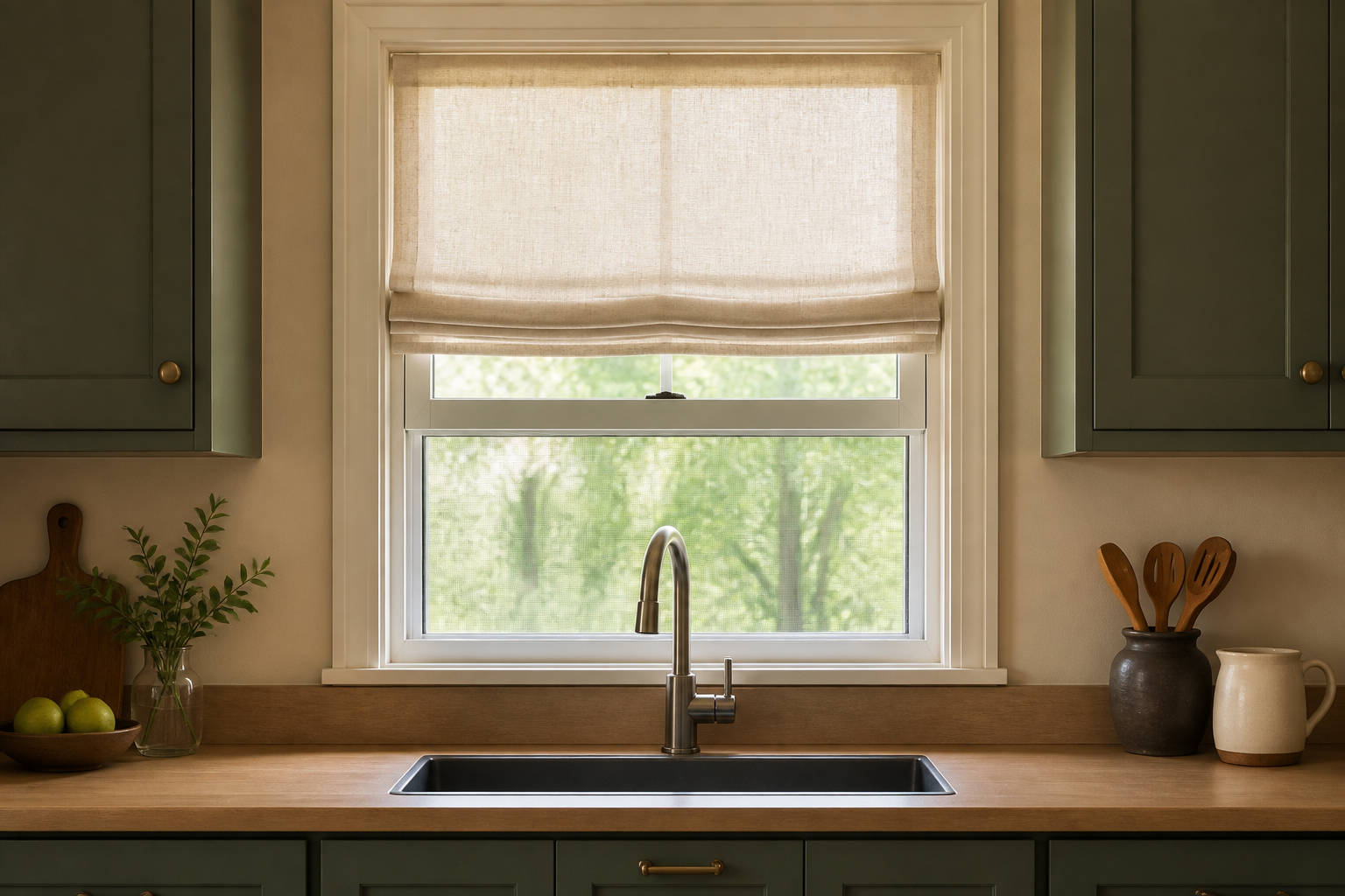 Double-hung kitchen window with lower sash raised, insect screen in place, Roman shade halfway down, and faucet below the operating path.