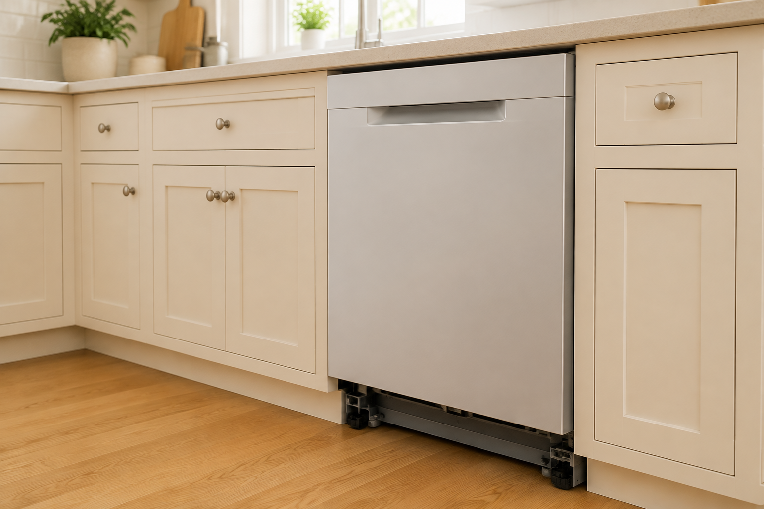 Blank unbranded dishwasher on continuous oak flooring with the lower adjustment area visible between finished cabinets.