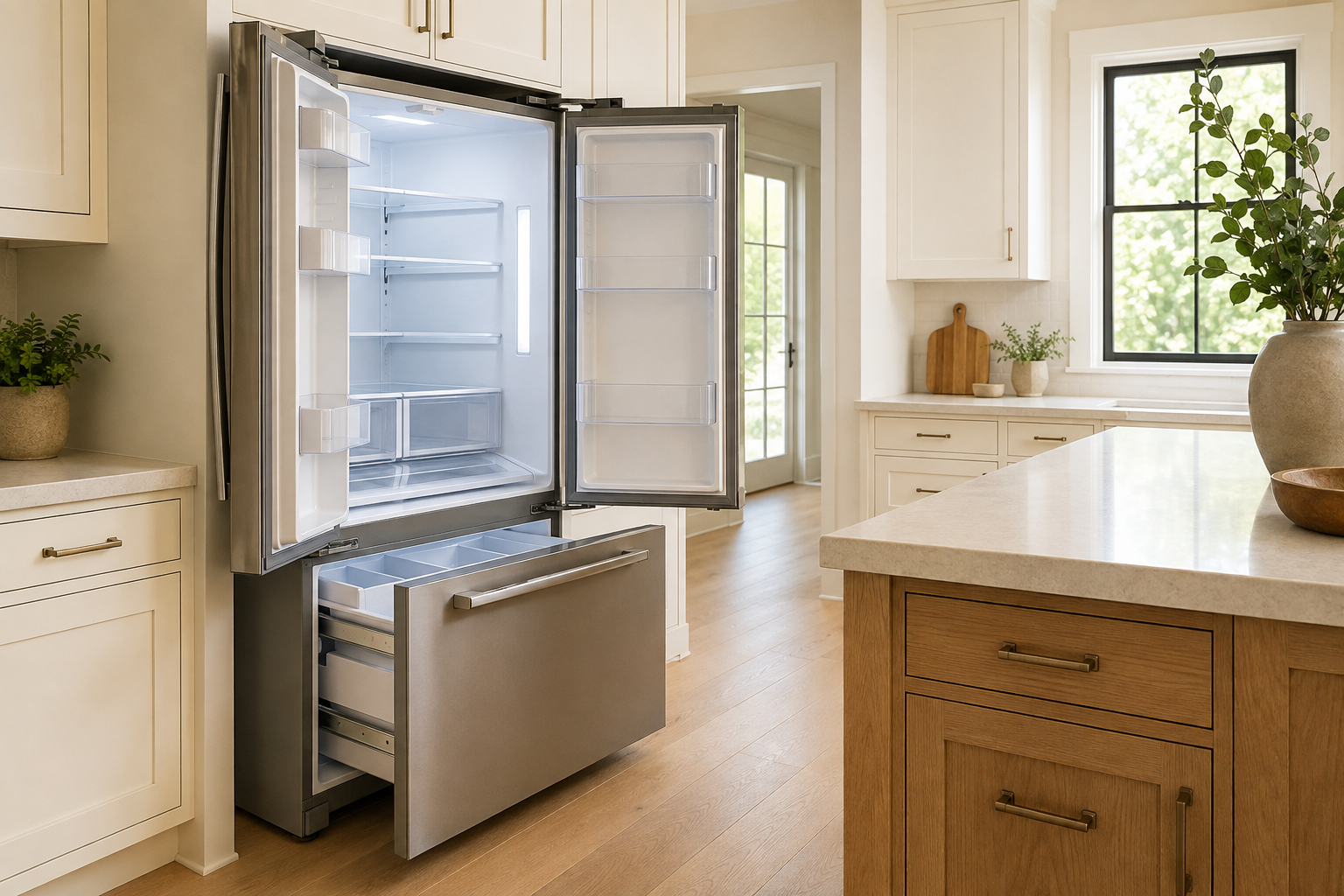 Unbranded refrigerator with both upper doors and the freezer drawer open beside a clear island aisle.