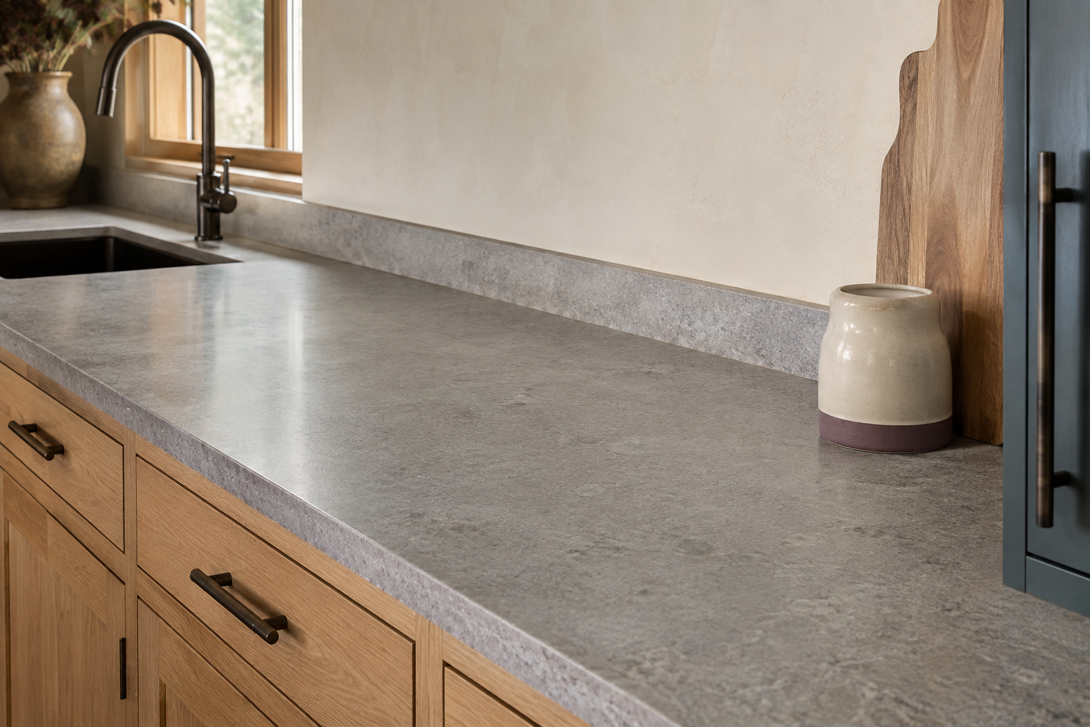Professionally installed straight gray-stone countertop fully supported by base cabinets with a clean narrow finished joint along a slightly imperfect plaster wall.