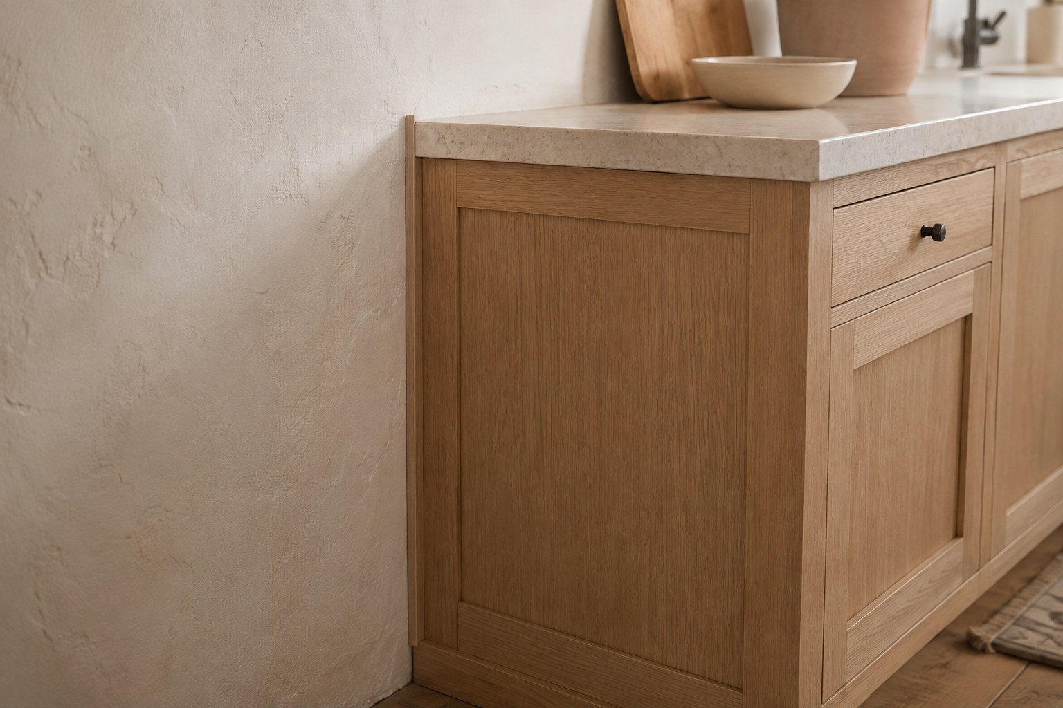 Cabinet end meeting a subtly uneven plaster wall through a carefully fitted scribe strip.