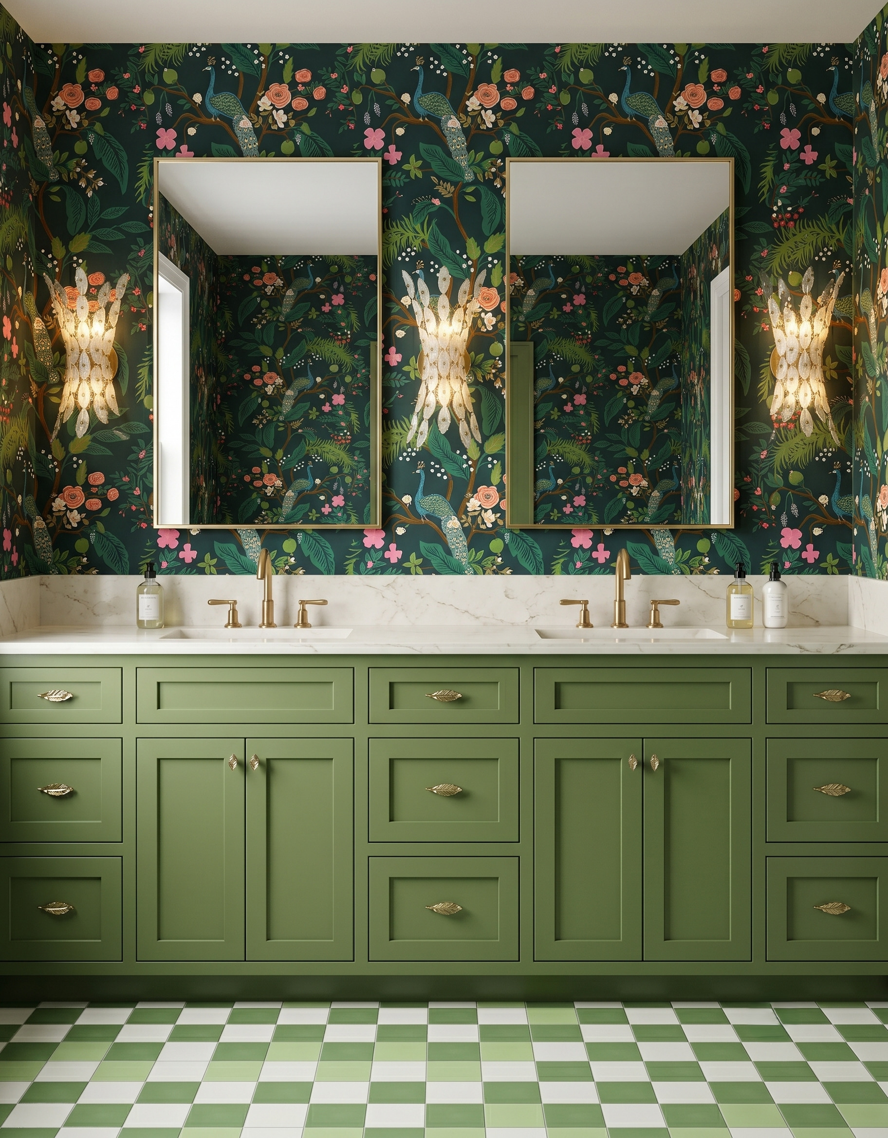 Green double vanity with leaf-shaped gold hardware below dark bird-and-flower wallpaper, gold rectangular mirrors and pale leaf-like sconces.