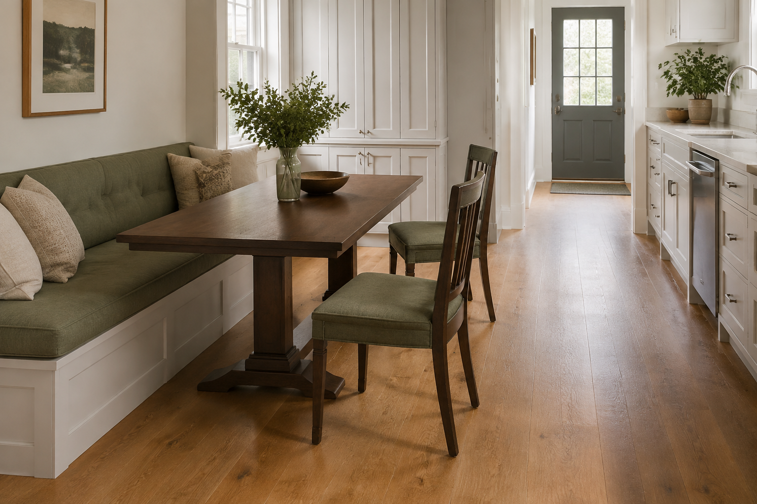 A loose dining chair is pulled back from a banquette table while a generous walkway remains open toward the kitchen door.