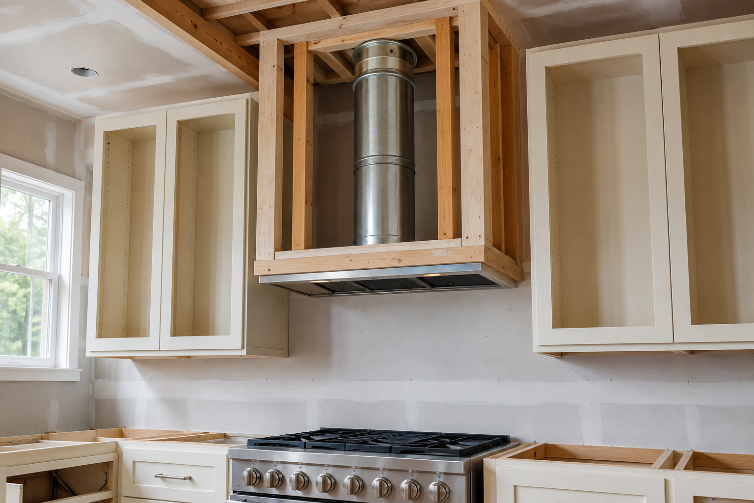 Orderly cooking-wall construction with a hood insert and a single round duct rising through a framed ceiling chase.