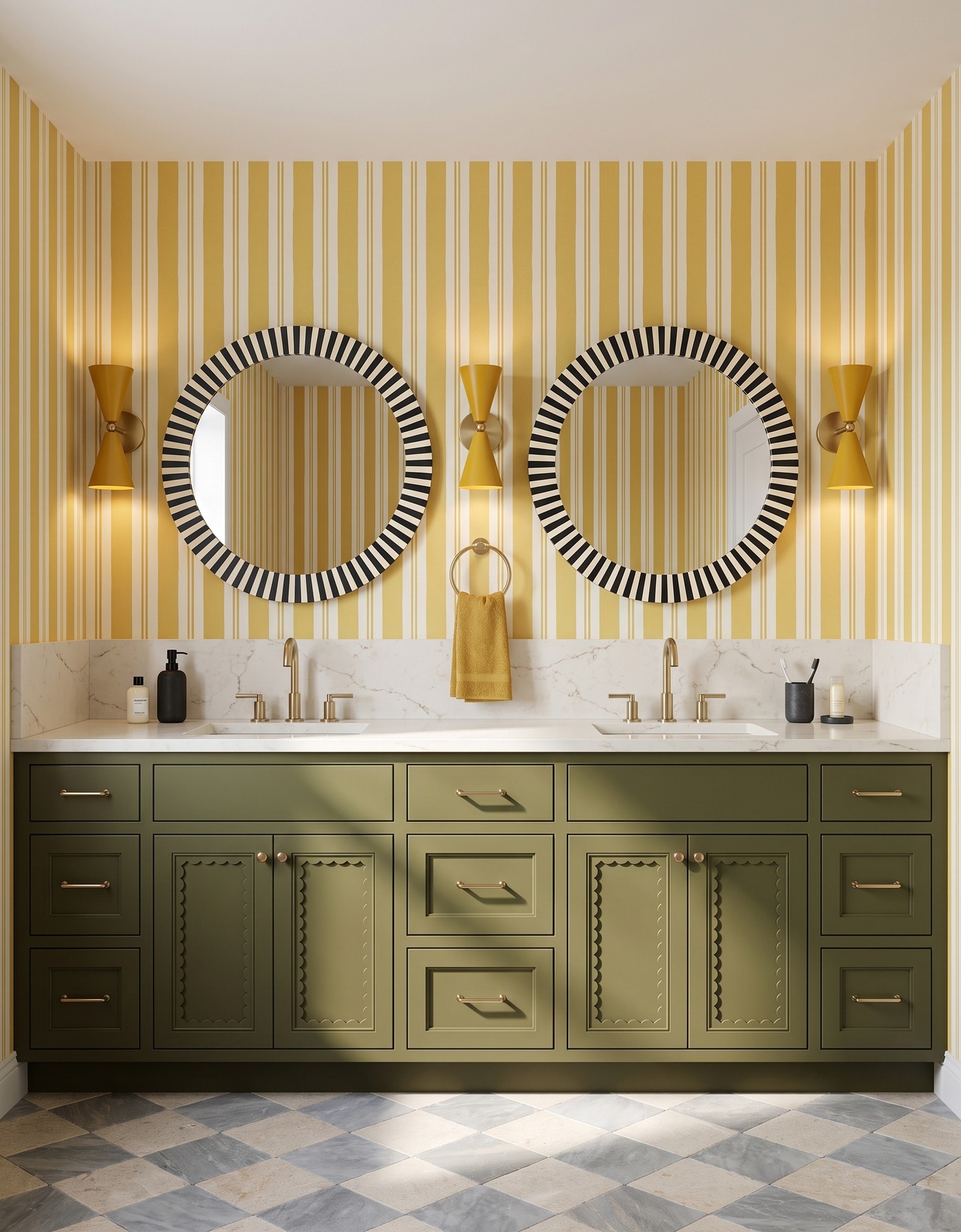 AI-created concept: Olive scalloped vanity doors sit below mustard-striped walls, round striped mirrors and yellow sconces.
