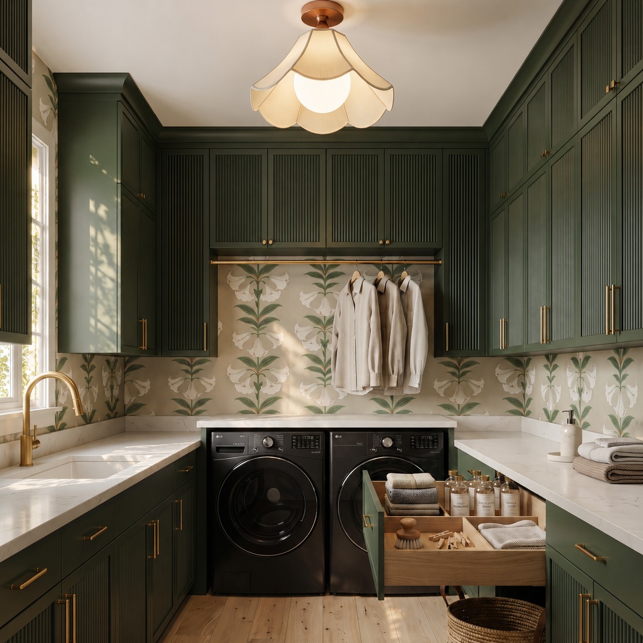 Laundry closet with dedicated hanging flow and room for circulation beside utility elements.