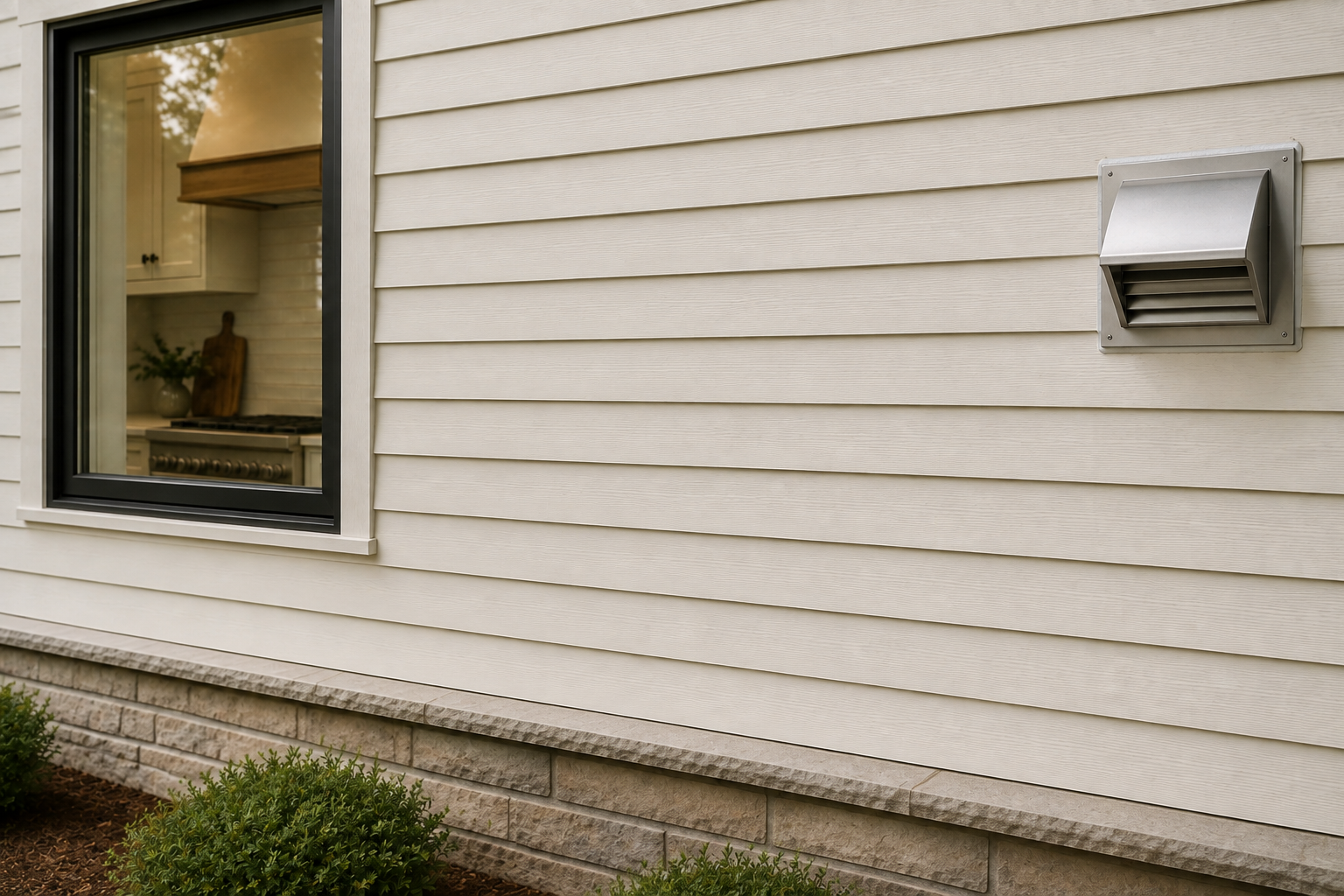 Finished exterior kitchen wall with one metal range-hood wall cap mounted beside a window.