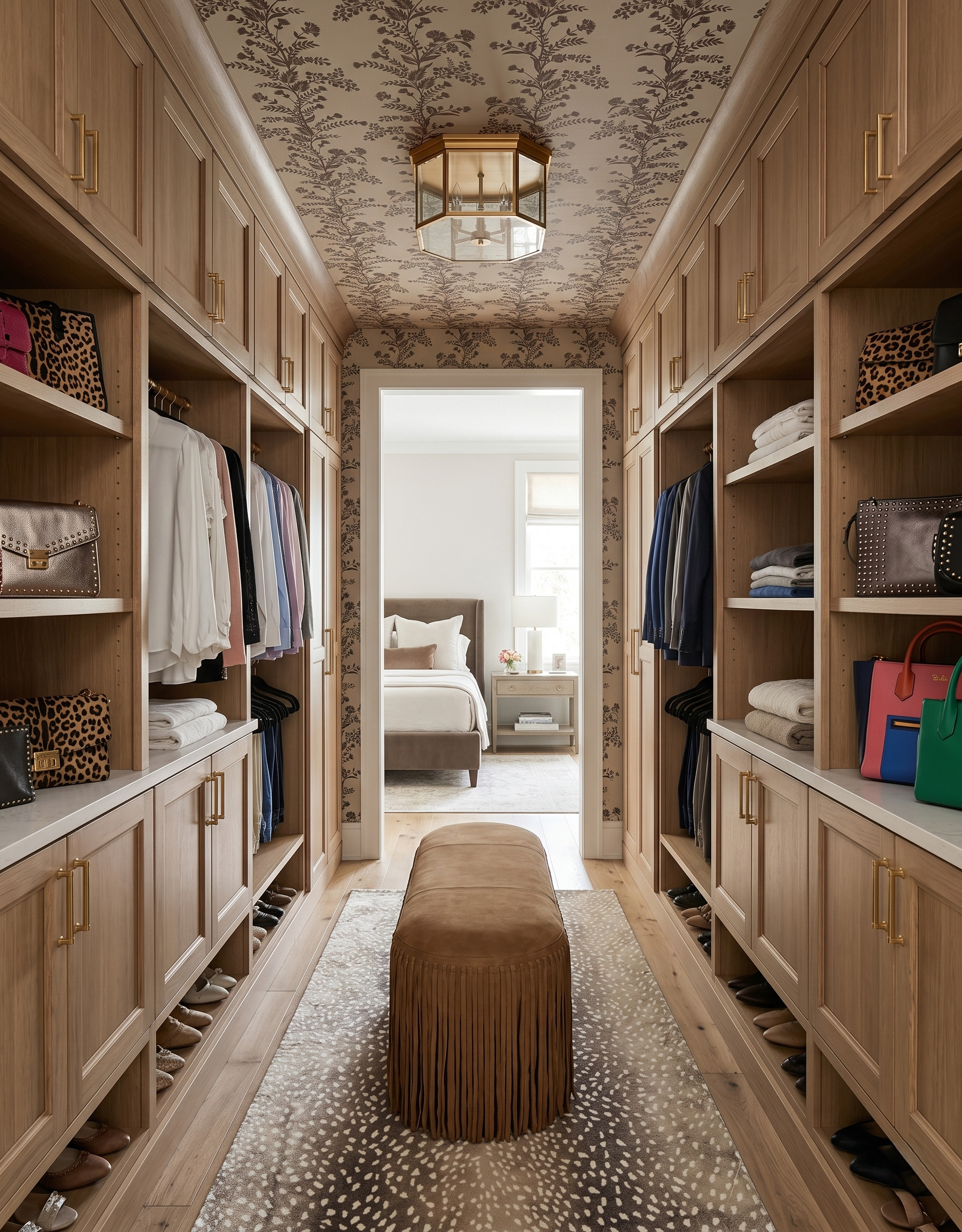 Brown fringed bench on a spotted rug in a pale wood pass-through closet with botanical wallpaper and a bedroom beyond.