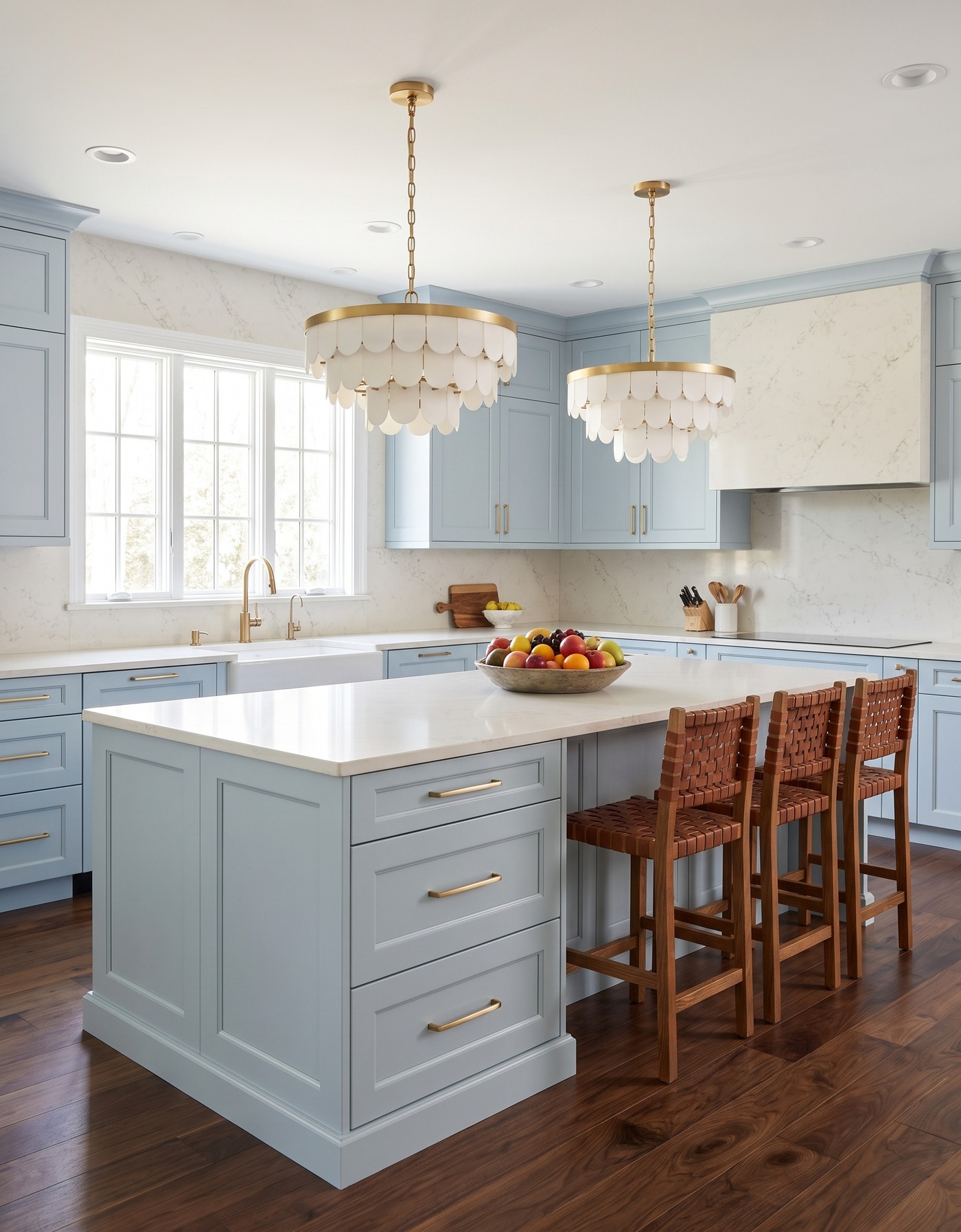 AI-created concept: Rich brown straight-plank flooring with pale smoky-blue cabinets, a white island top and woven stools.